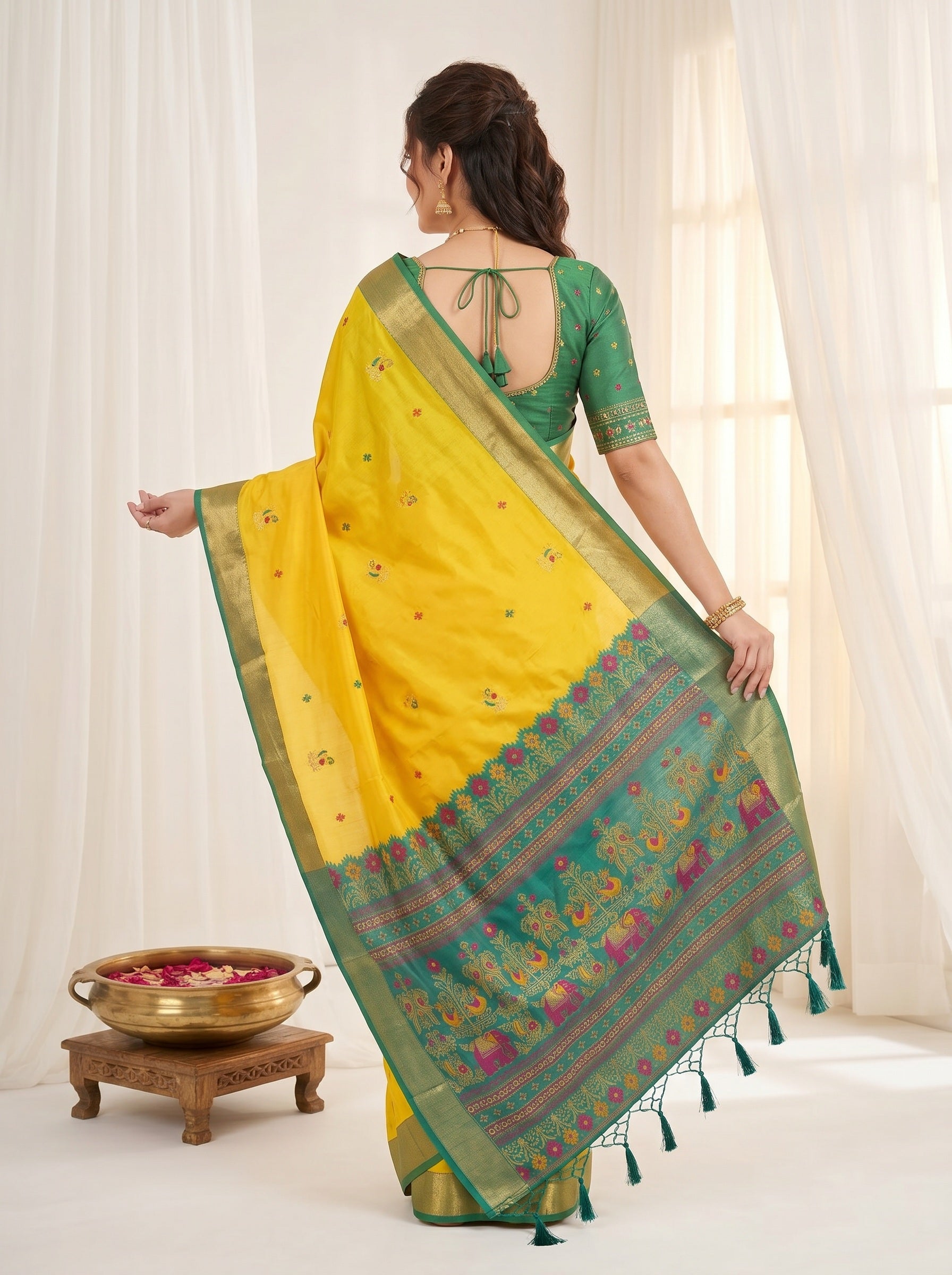 Yellow Traditional Soft Silk Saree with Floral &amp; Peacock Pattern Saree