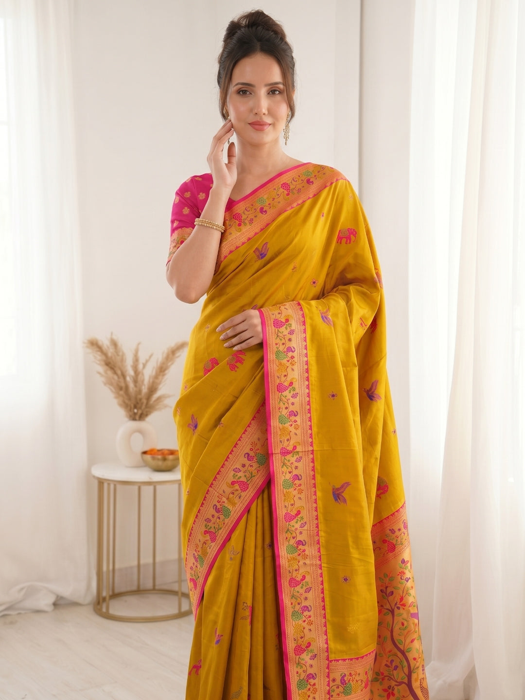 Yellow Premium Soft Bamboo Tissue Paithani Silk Saree