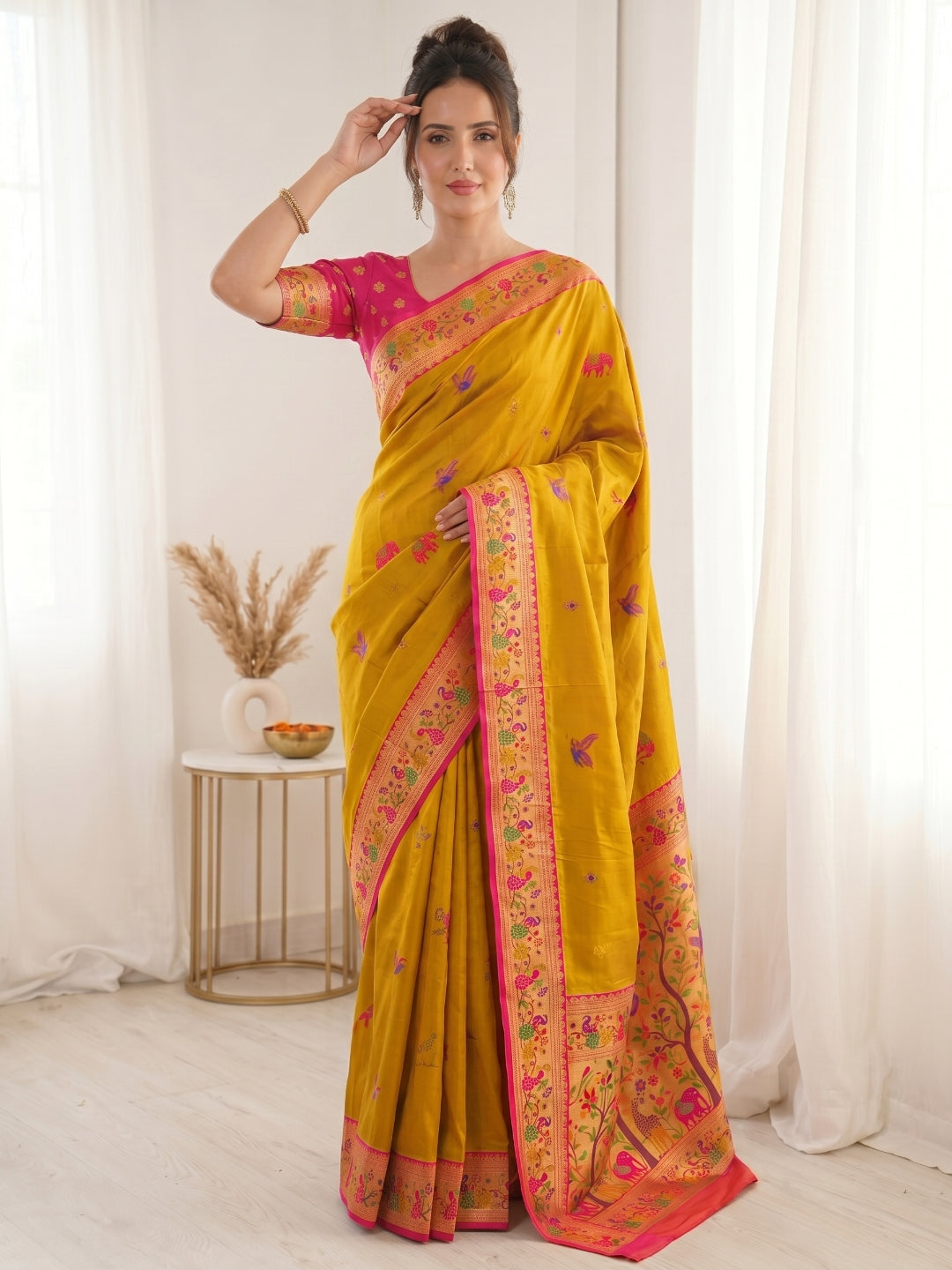 Yellow Premium Soft Bamboo Tissue Paithani Silk Saree