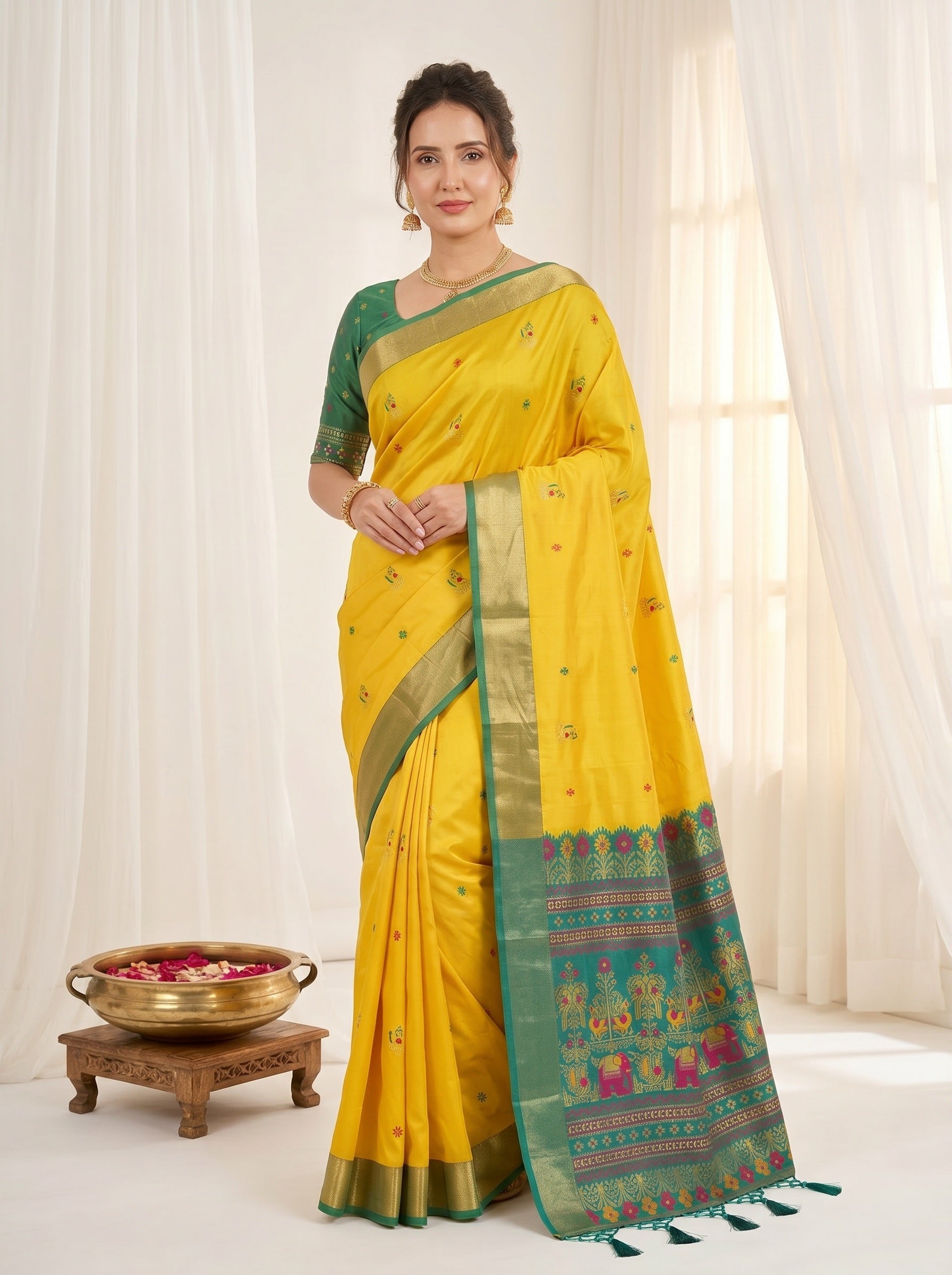 Yellow Traditional Soft Silk Saree with Floral &amp; Peacock Pattern Saree