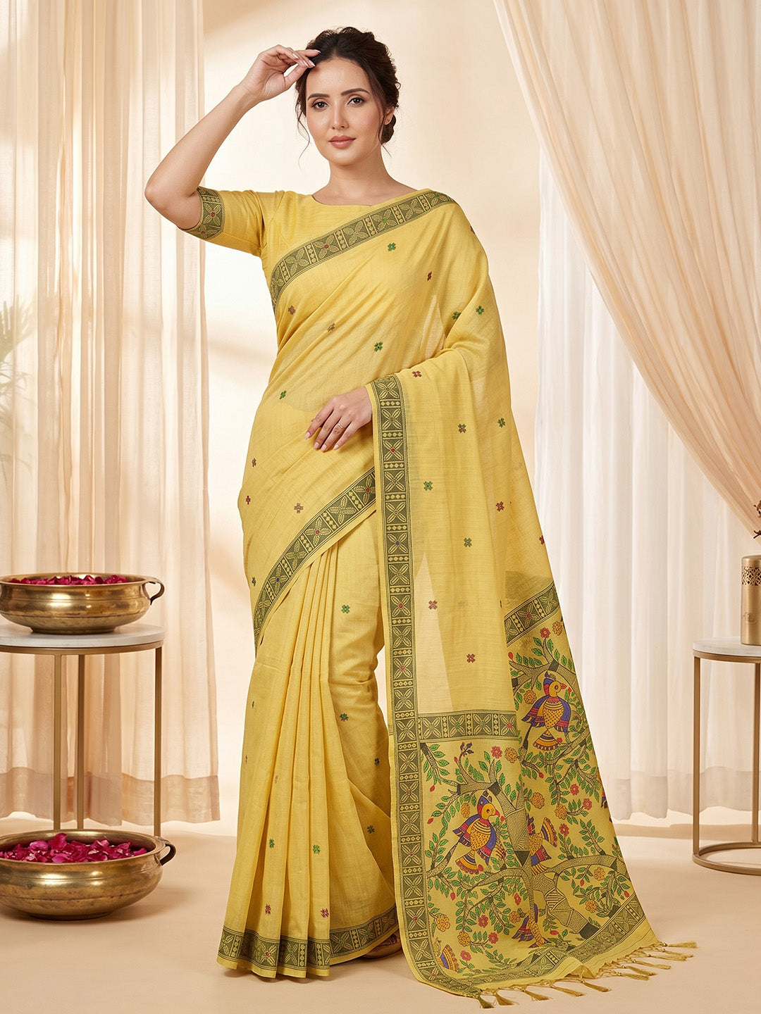 Woman wearing a yellow saree with intricate patterns in a softly lit room.