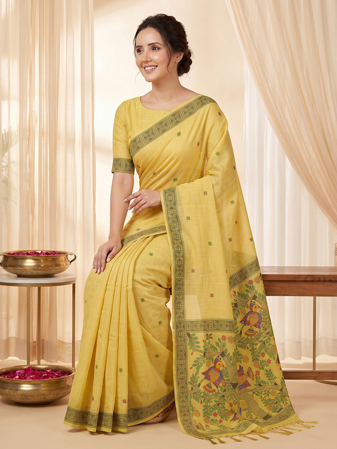 Woman wearing a yellow saree with a decorative border, sitting in a well-lit room.
