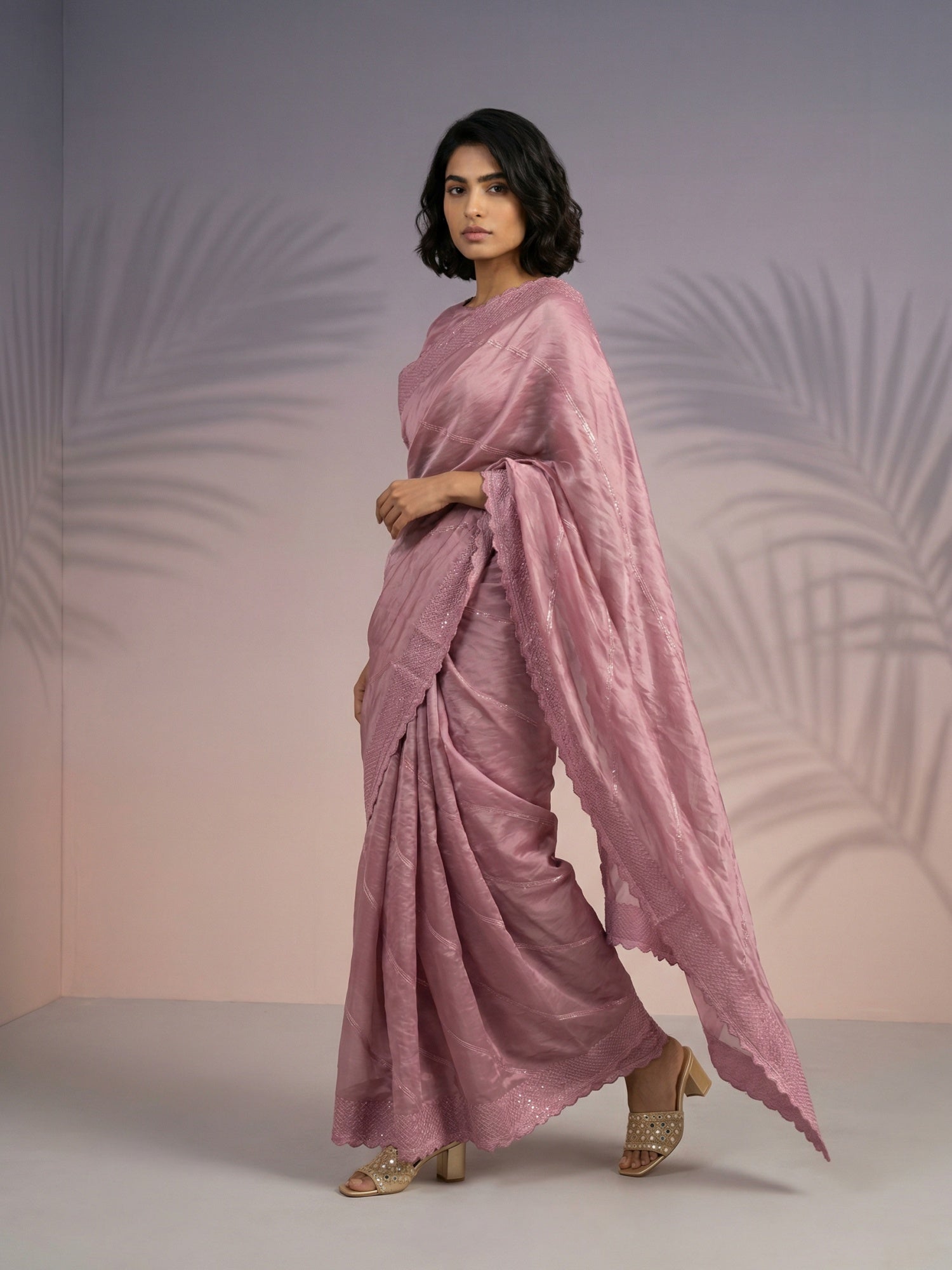 Coral Pink Soft Raspberry Silk with Sequin Embroidery Work Saree