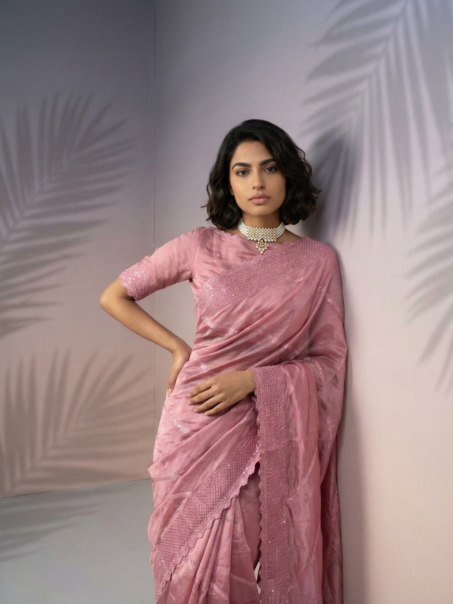 Coral Pink Soft Raspberry Silk with Sequin Embroidery Work Saree