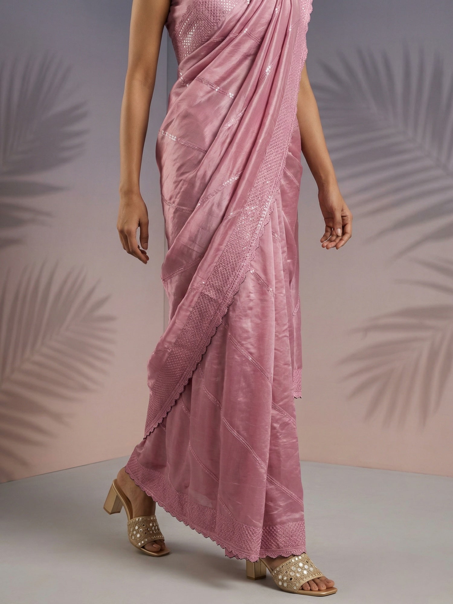 Coral Pink Soft Raspberry Silk with Sequin Embroidery Work Saree
