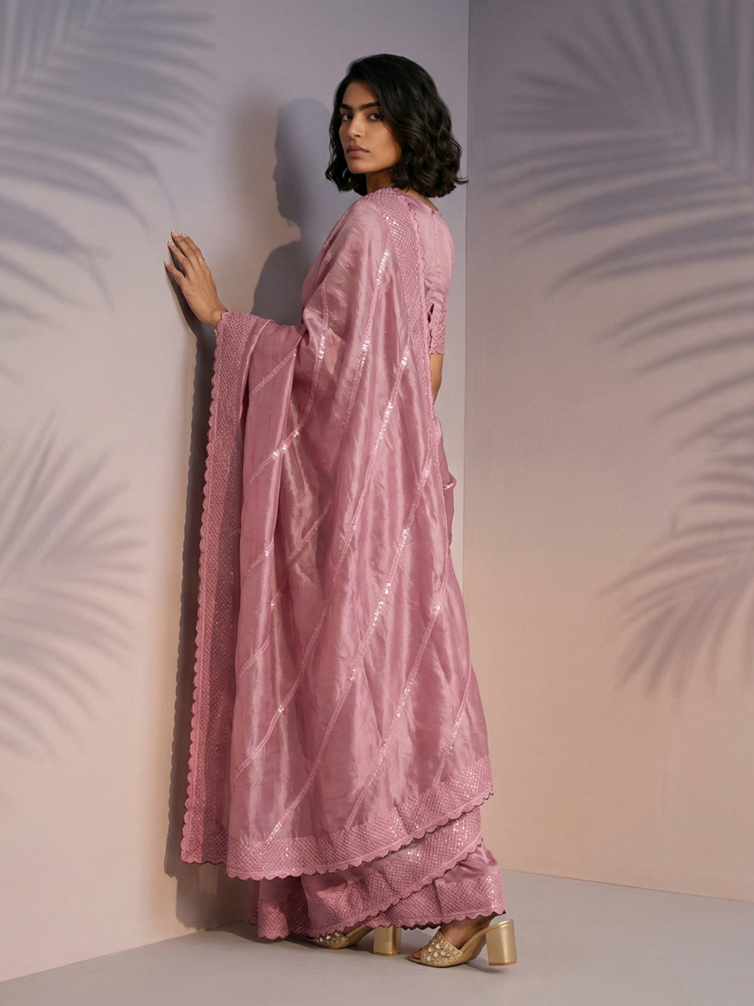 Coral Pink Soft Raspberry Silk with Sequin Embroidery Work Saree