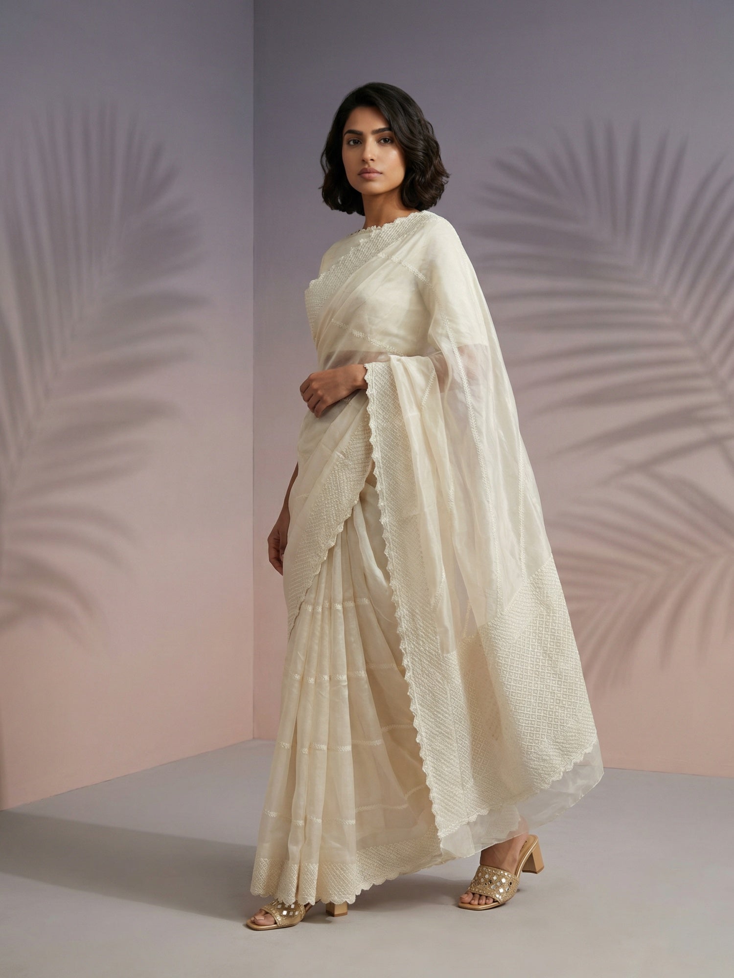 Cream Soft Raspberry Silk with Sequin Embroidery Work Saree