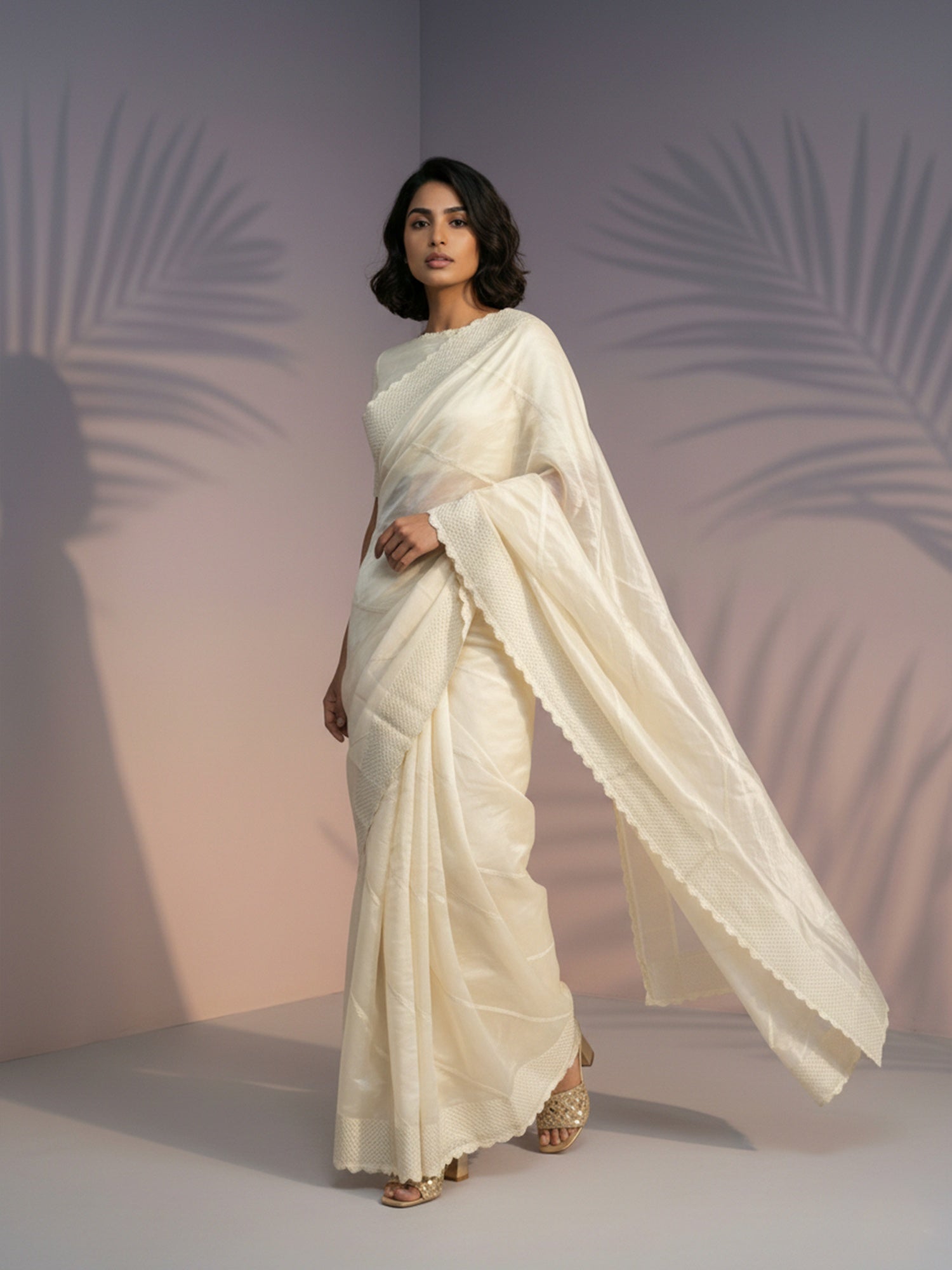Cream Soft Raspberry Silk with Sequin Embroidery Work Saree