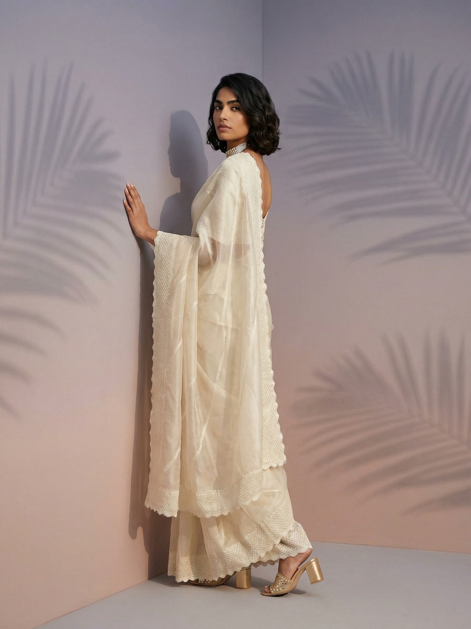 Cream Soft Raspberry Silk with Sequin Embroidery Work Saree