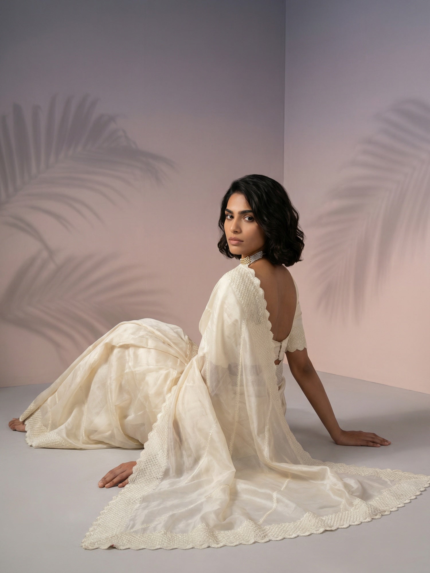 Cream Soft Raspberry Silk with Sequin Embroidery Work Saree