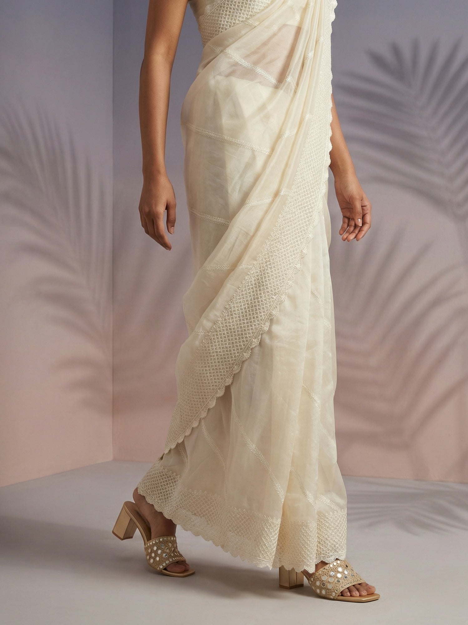 Cream Soft Raspberry Silk with Sequin Embroidery Work Saree