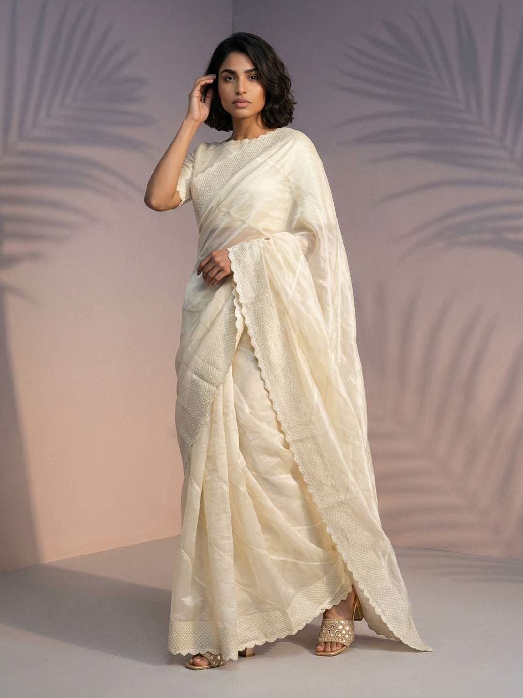 Cream Soft Raspberry Silk with Sequin Embroidery Work Saree
