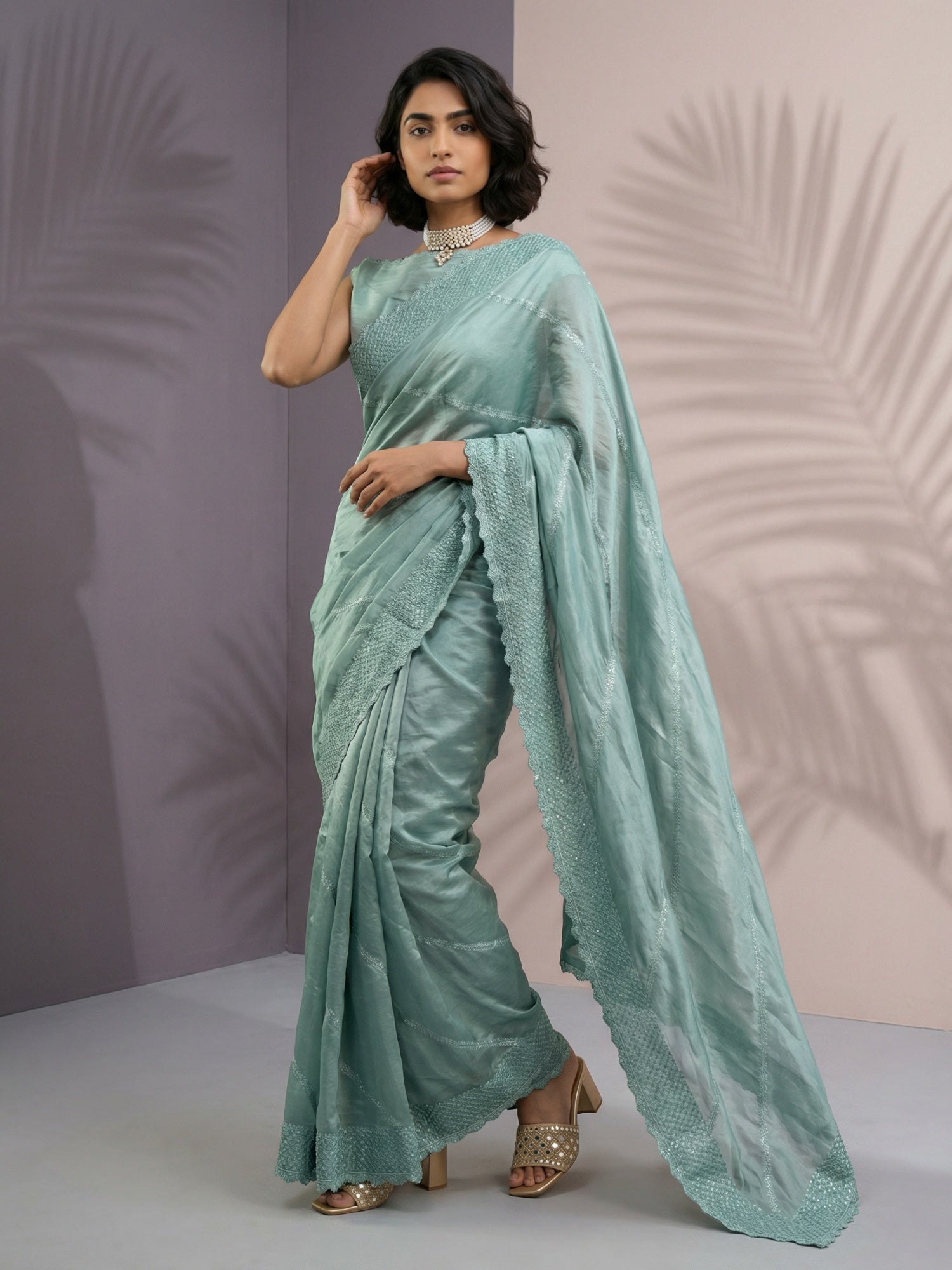 Light Sea Green Soft Raspberry Silk with Sequin Embroidery Work Saree