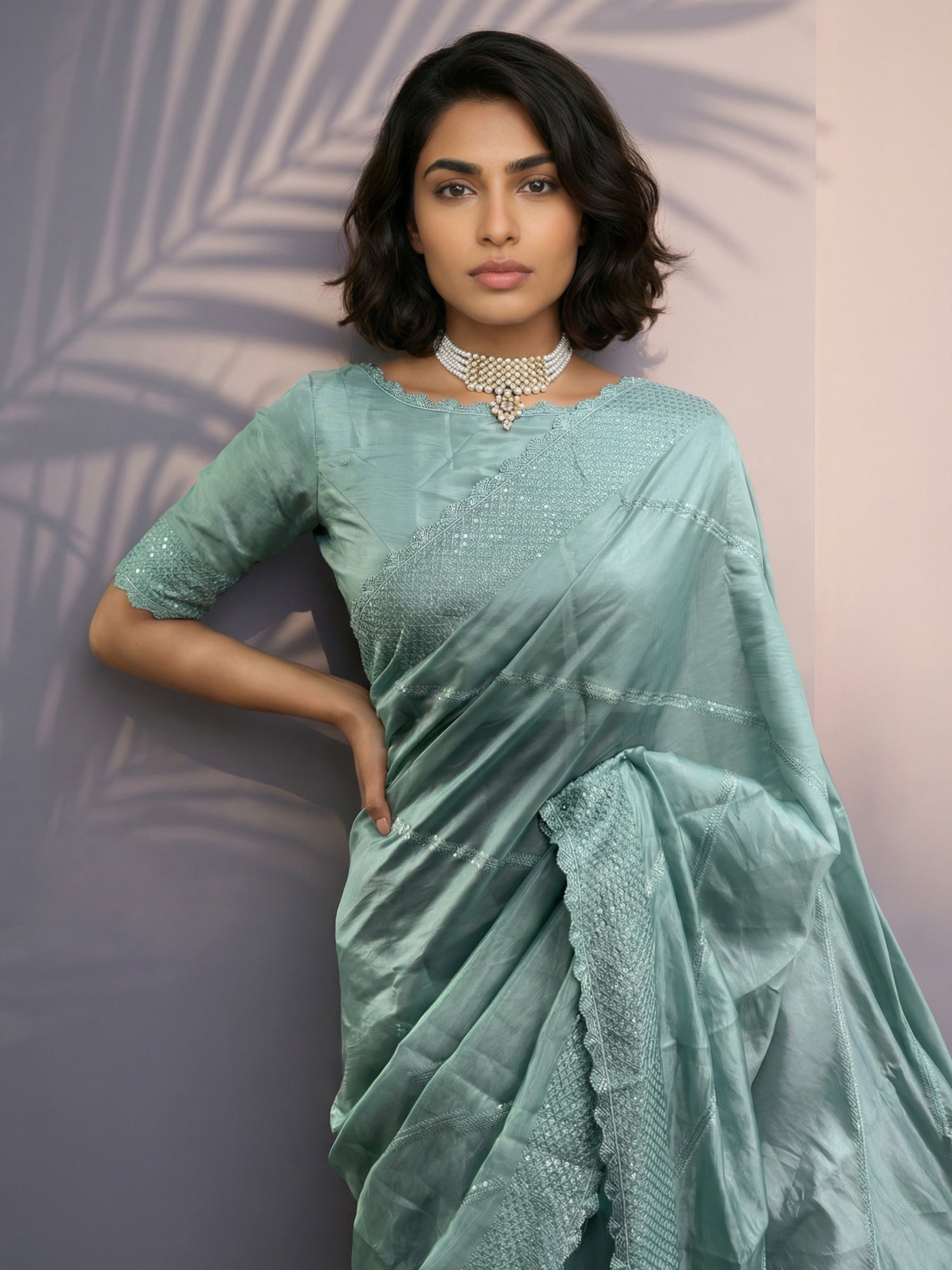Light Sea Green Soft Raspberry Silk with Sequin Embroidery Work Saree