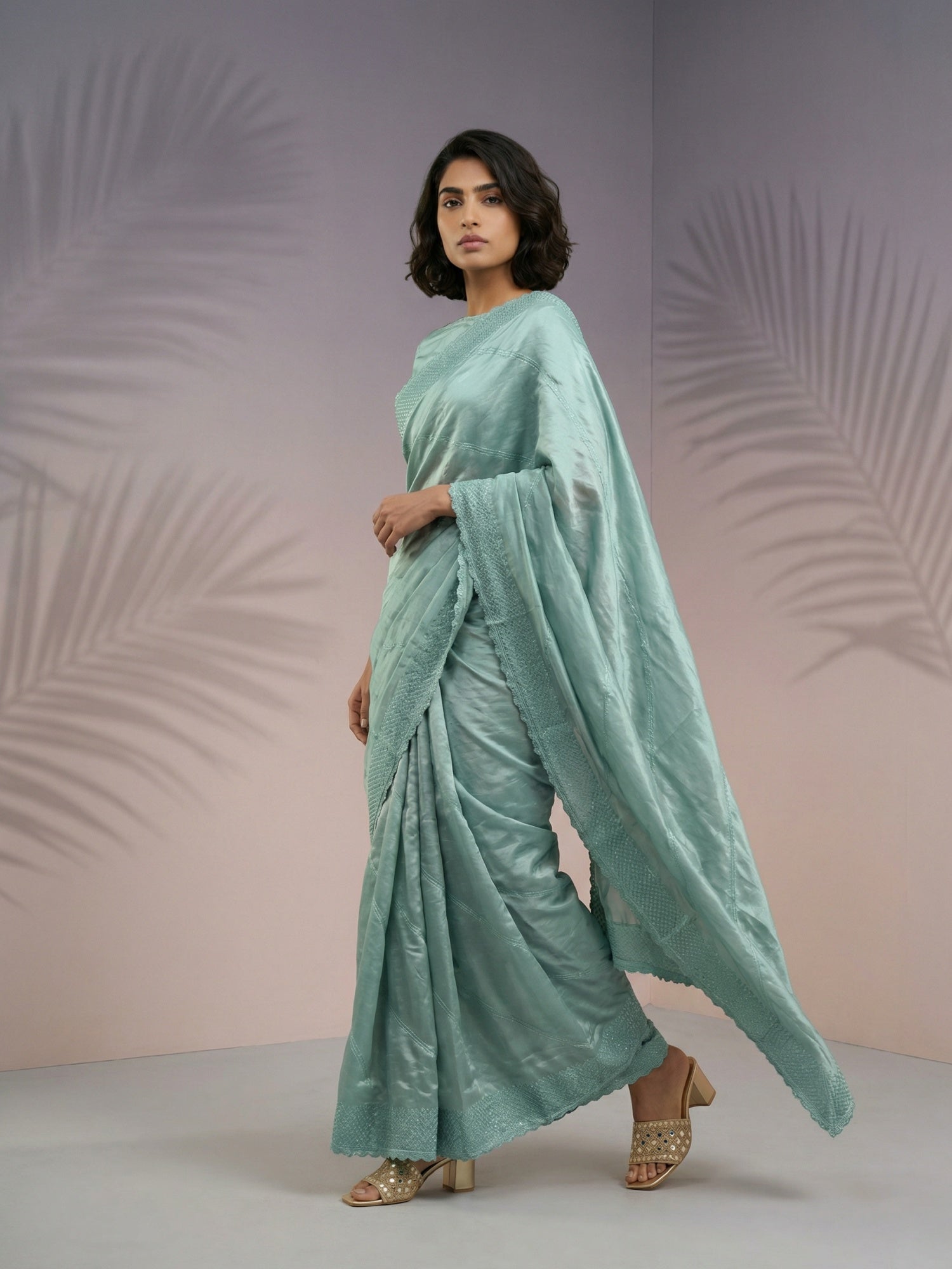 Light Sea Green Soft Raspberry Silk with Sequin Embroidery Work Saree