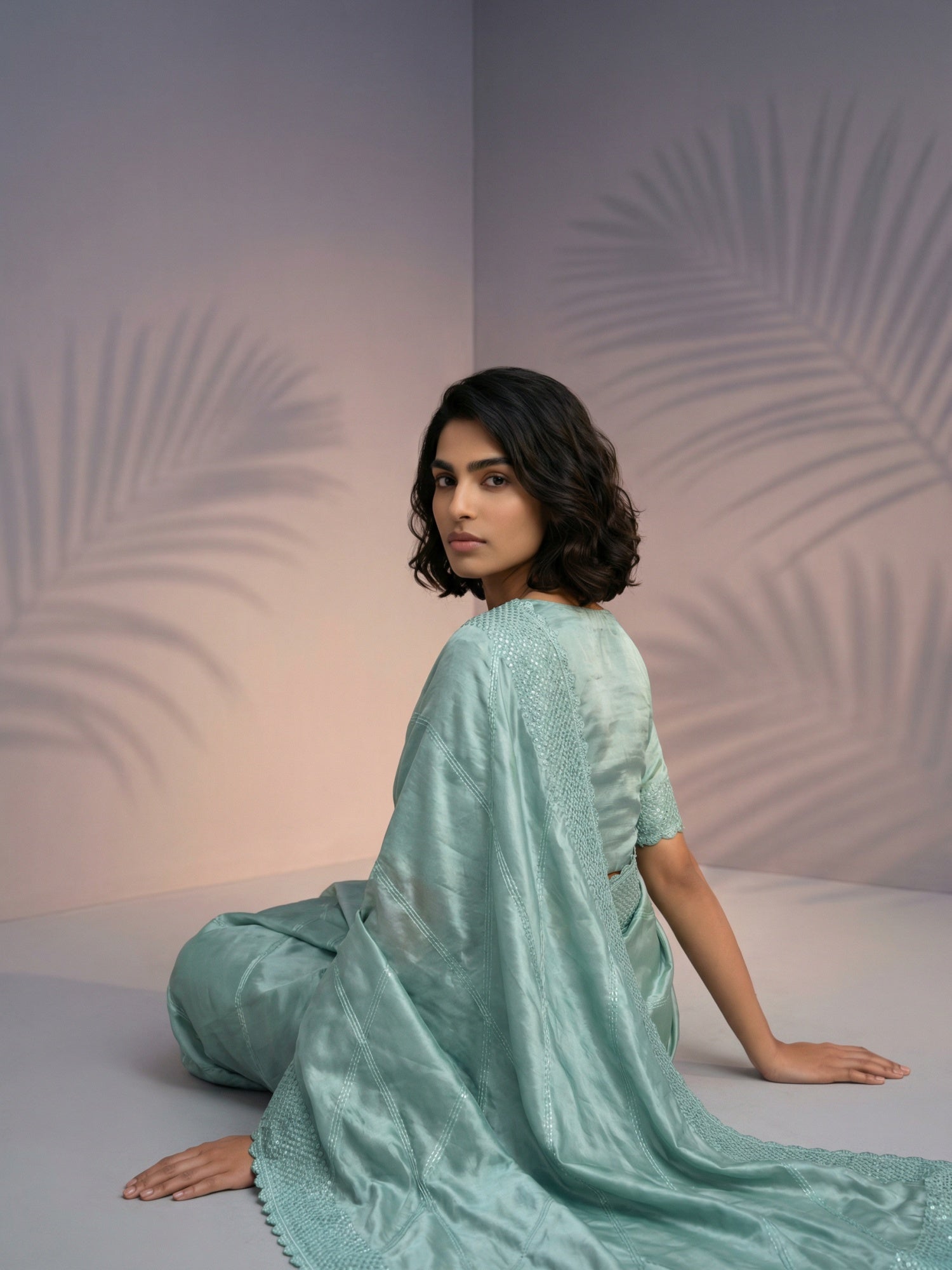 Light Sea Green Soft Raspberry Silk with Sequin Embroidery Work Saree