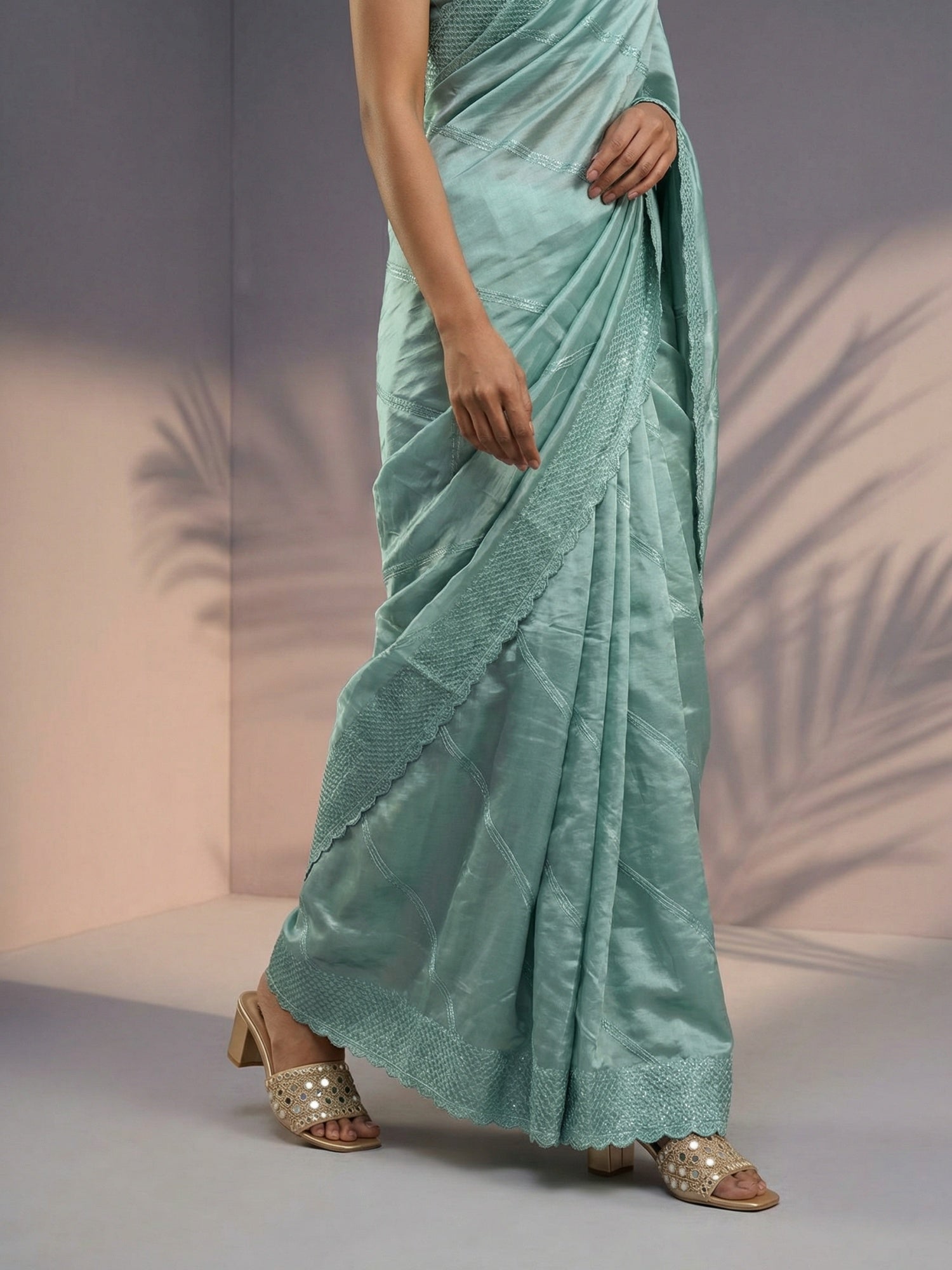 Light Sea Green Soft Raspberry Silk with Sequin Embroidery Work Saree