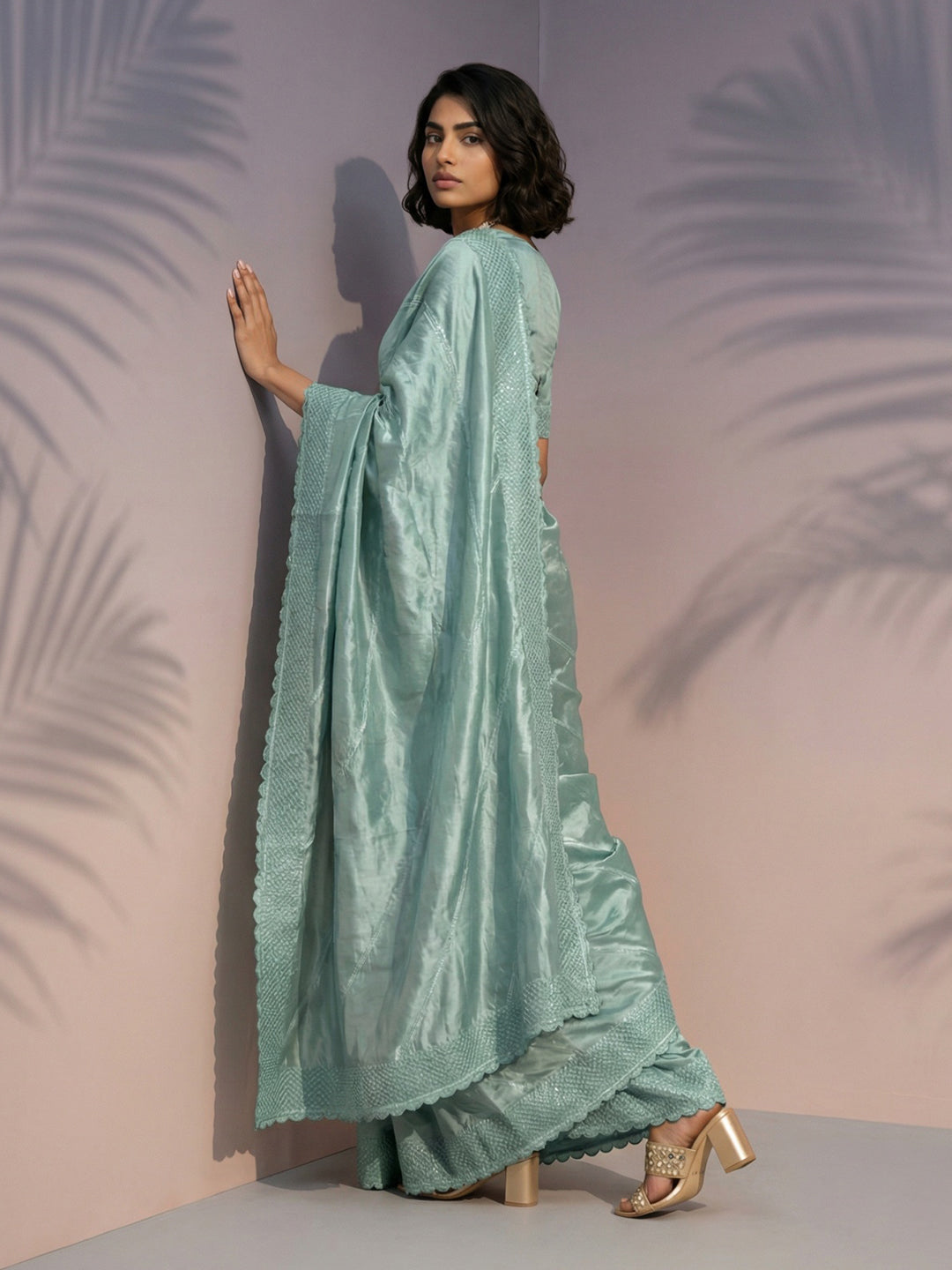 Light Sea Green Soft Raspberry Silk with Sequin Embroidery Work Saree