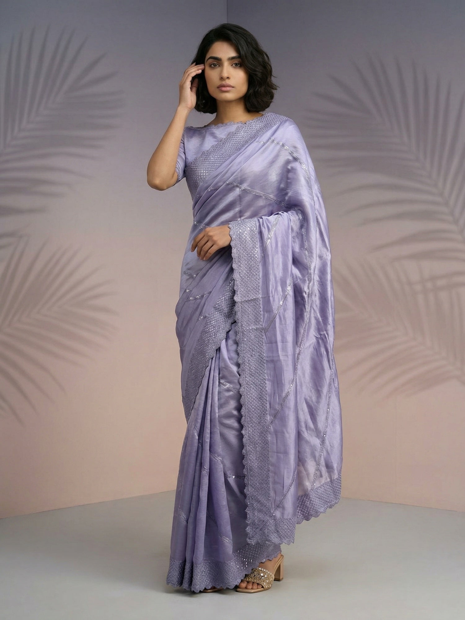 Lavender Soft Raspberry Silk with Sequin Embroidery Work Saree