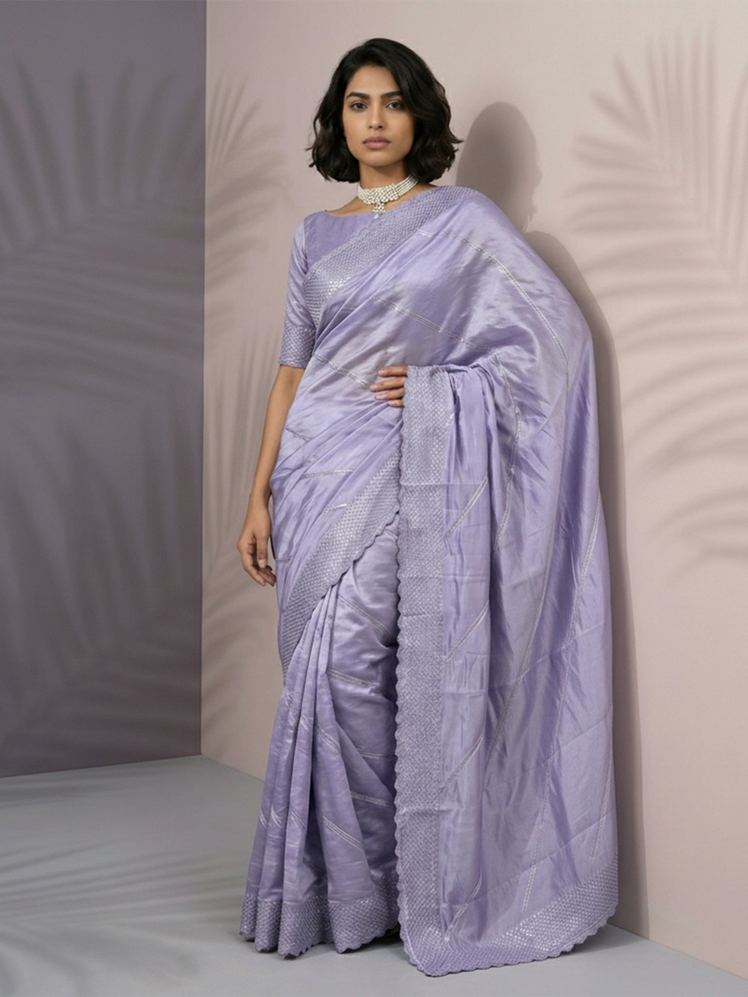 Lavender Soft Raspberry Silk with Sequin Embroidery Work Saree