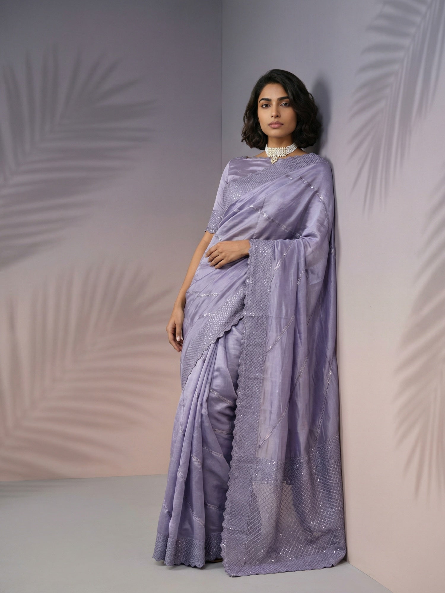 Lavender Soft Raspberry Silk with Sequin Embroidery Work Saree