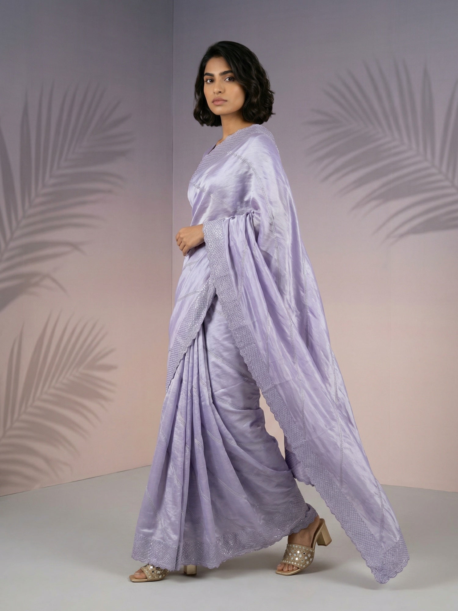 Lavender Soft Raspberry Silk with Sequin Embroidery Work Saree