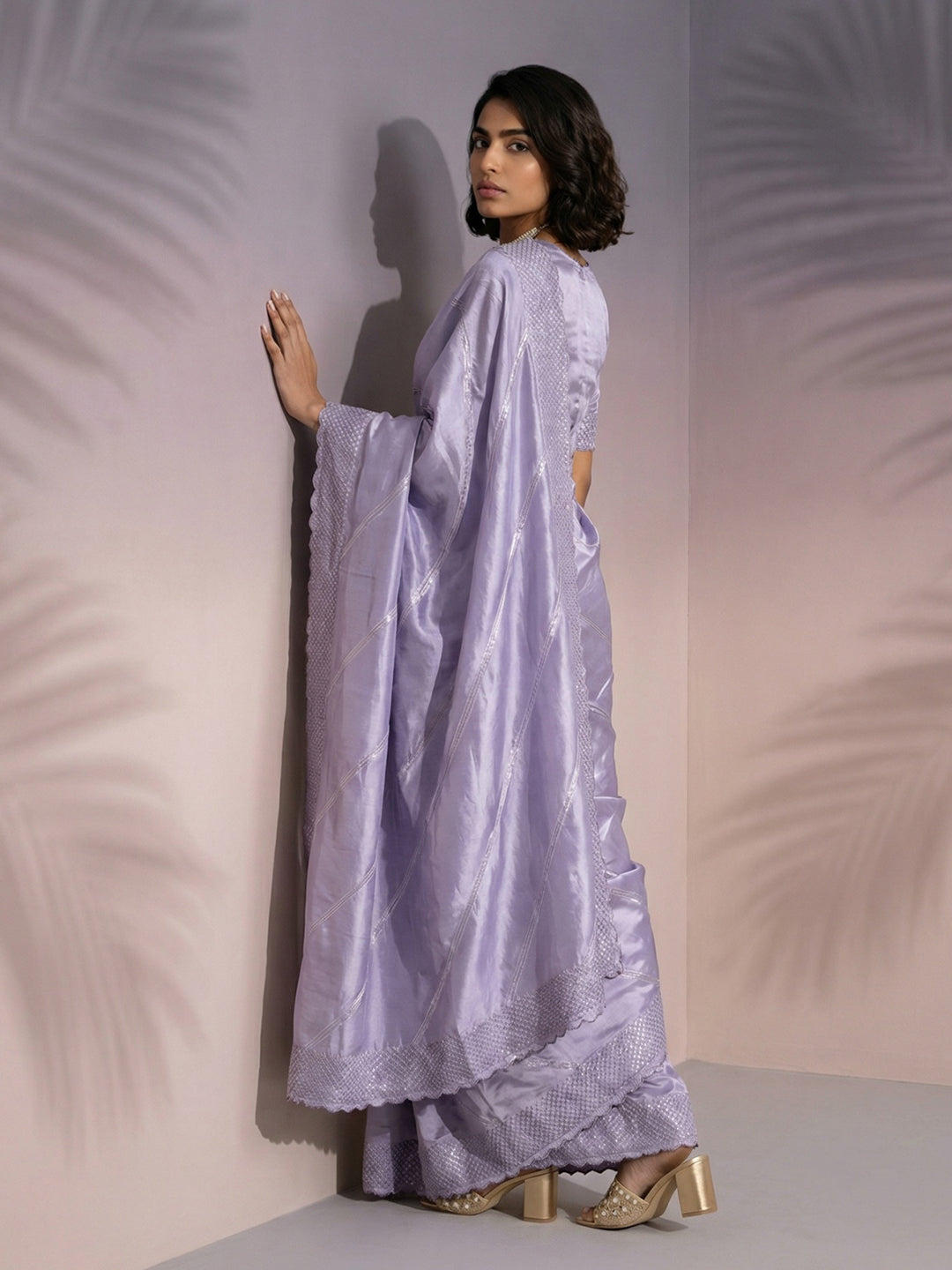 Lavender Soft Raspberry Silk with Sequin Embroidery Work Saree