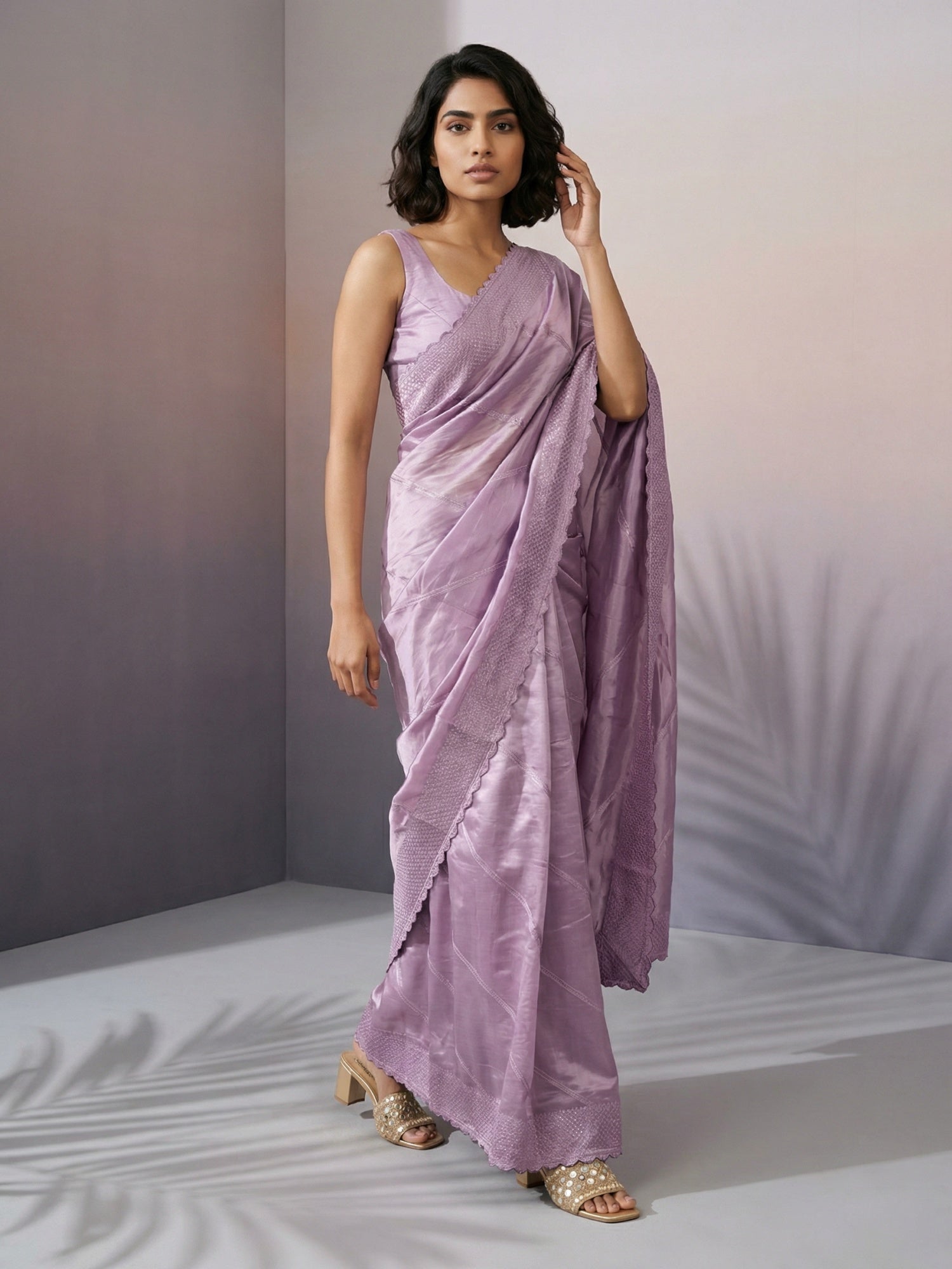 Mauve Soft Raspberry Silk with Sequin Embroidery Work Saree