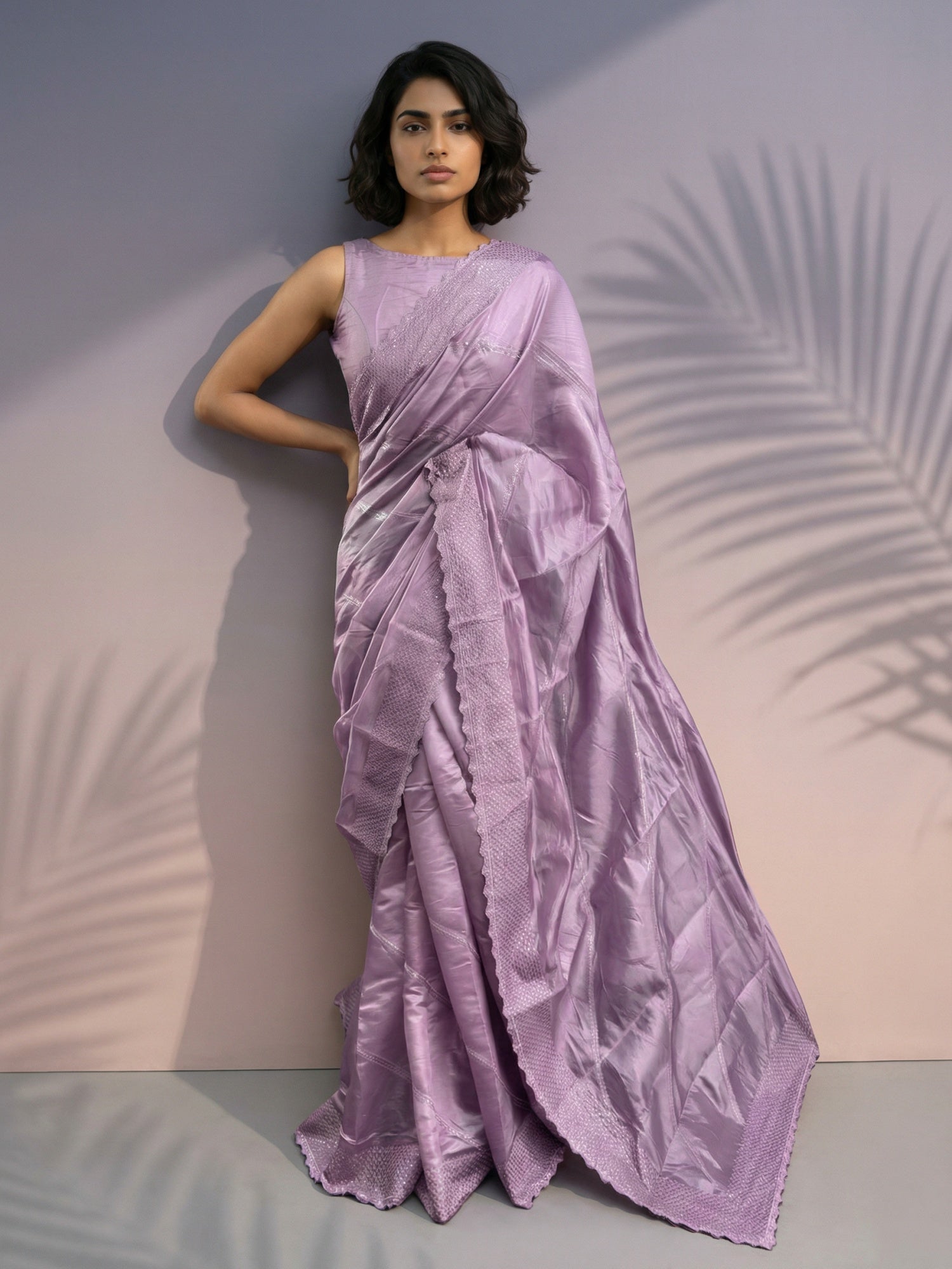 Mauve Soft Raspberry Silk with Sequin Embroidery Work Saree