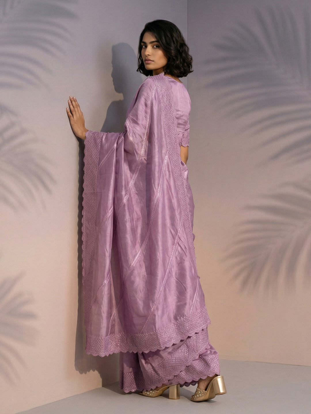 Mauve Soft Raspberry Silk with Sequin Embroidery Work Saree