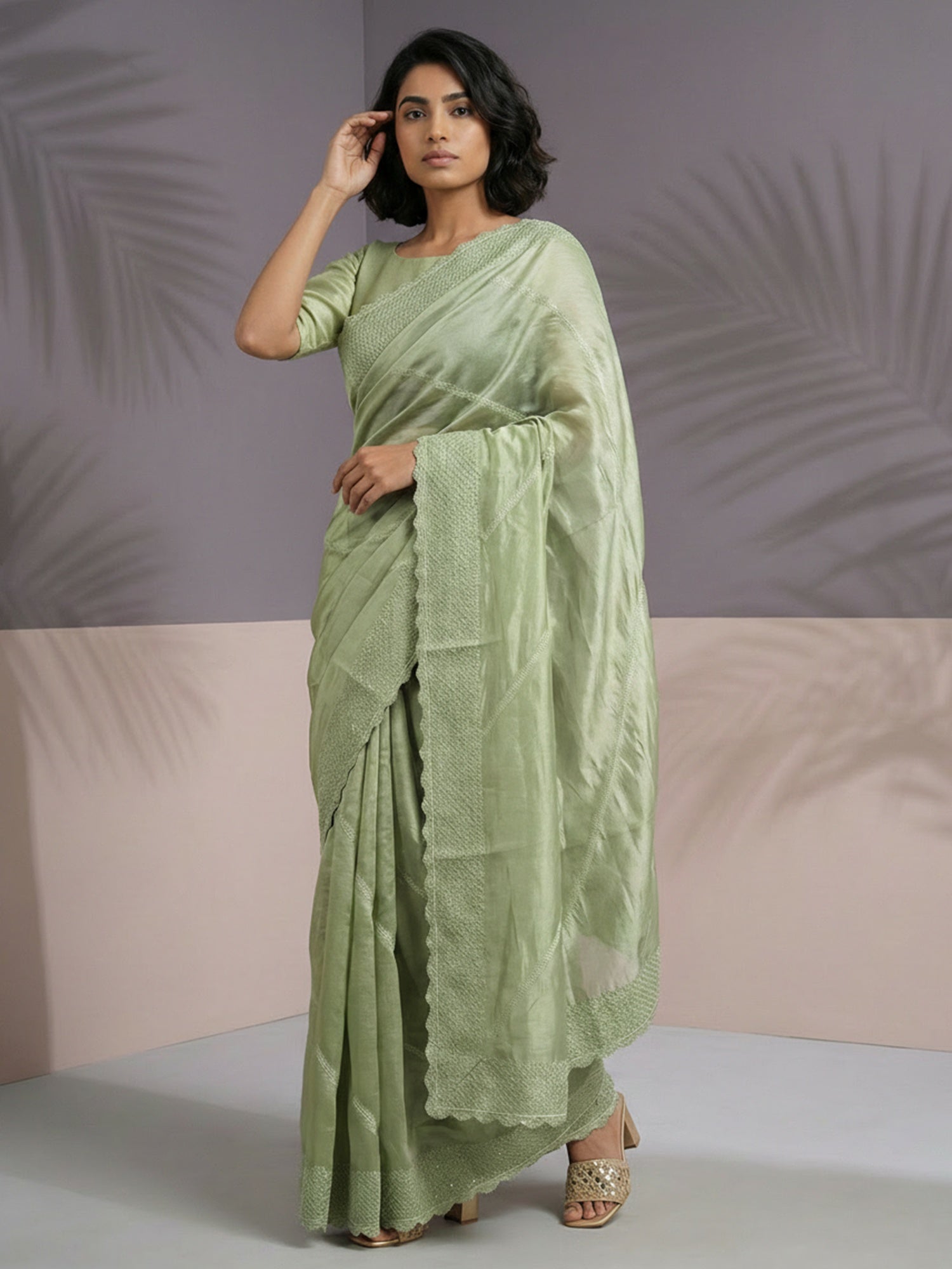Pista Green Soft Raspberry Silk with Sequin Embroidery Work Saree