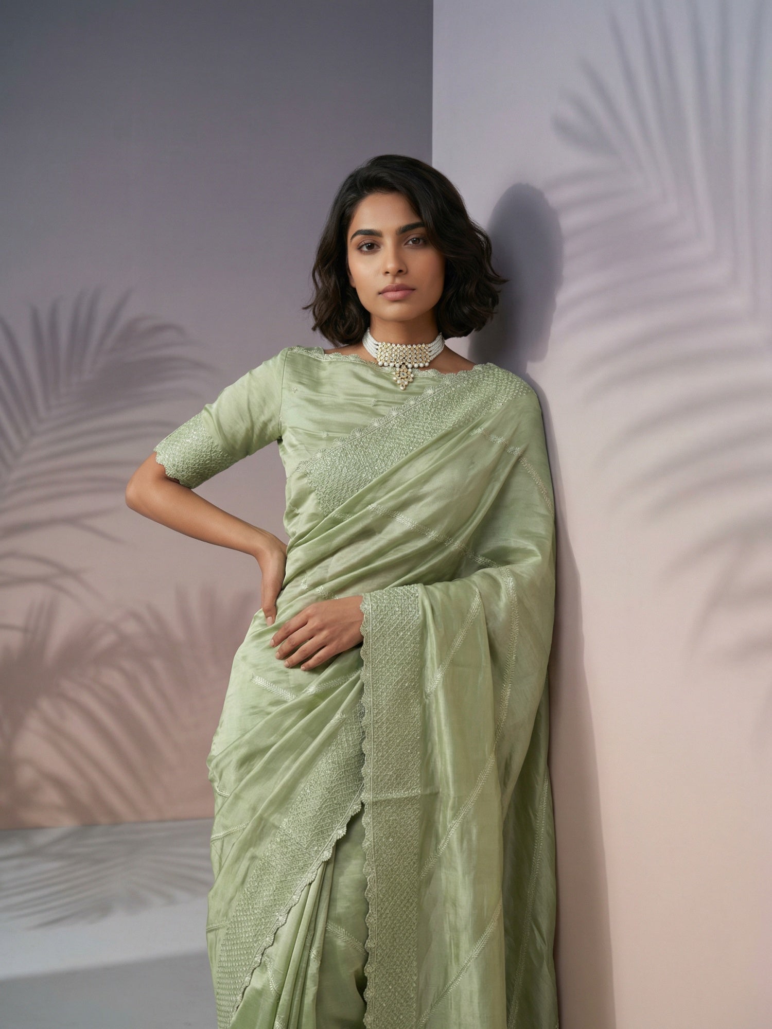 Pista Green Soft Raspberry Silk with Sequin Embroidery Work Saree