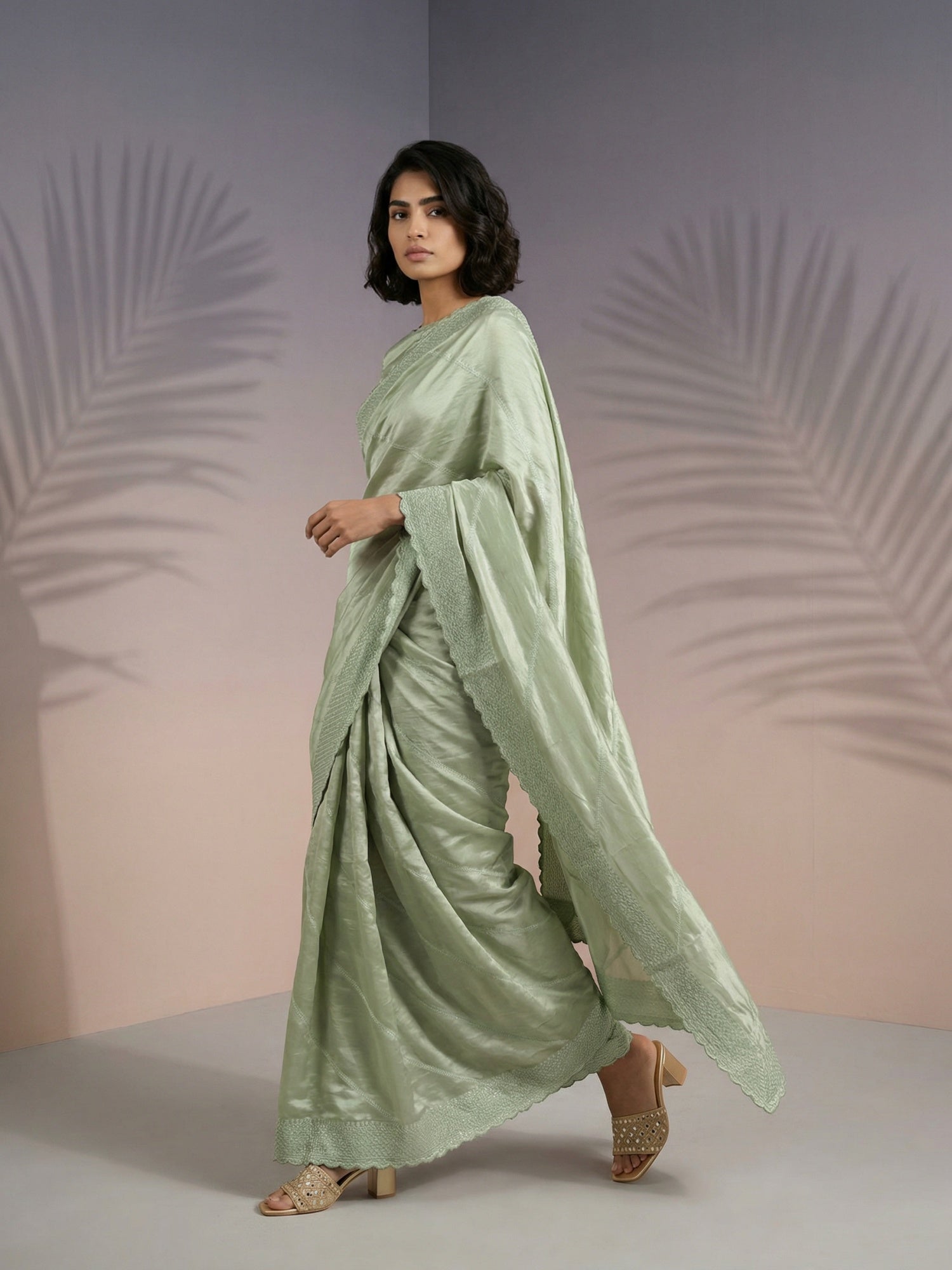 Pista Green Soft Raspberry Silk with Sequin Embroidery Work Saree