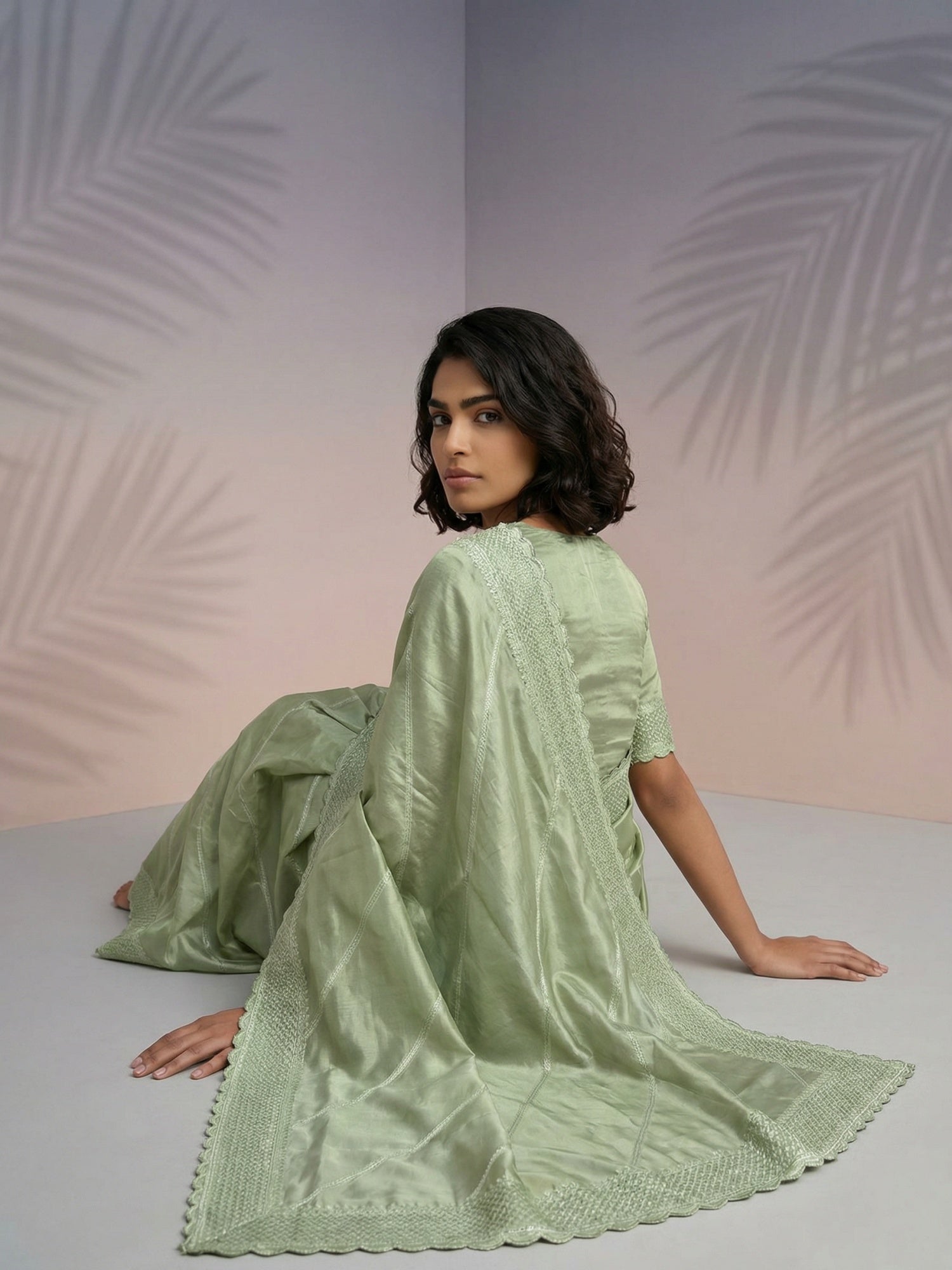 Pista Green Soft Raspberry Silk with Sequin Embroidery Work Saree