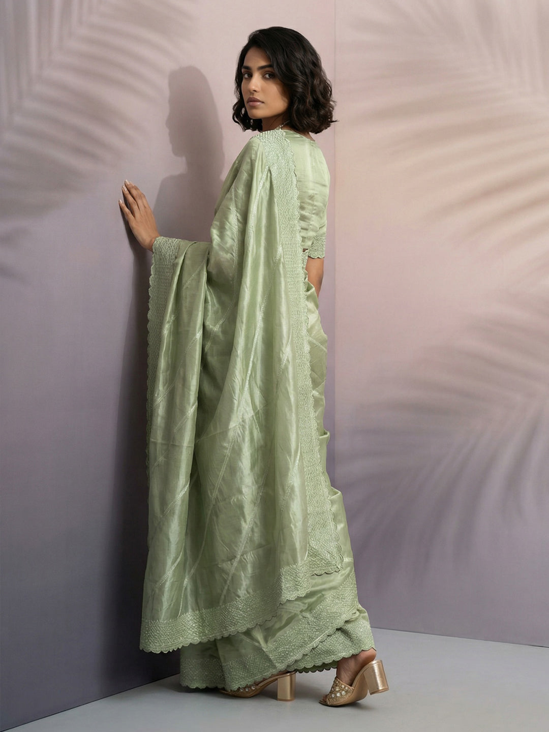 Pista Green Soft Raspberry Silk with Sequin Embroidery Work Saree