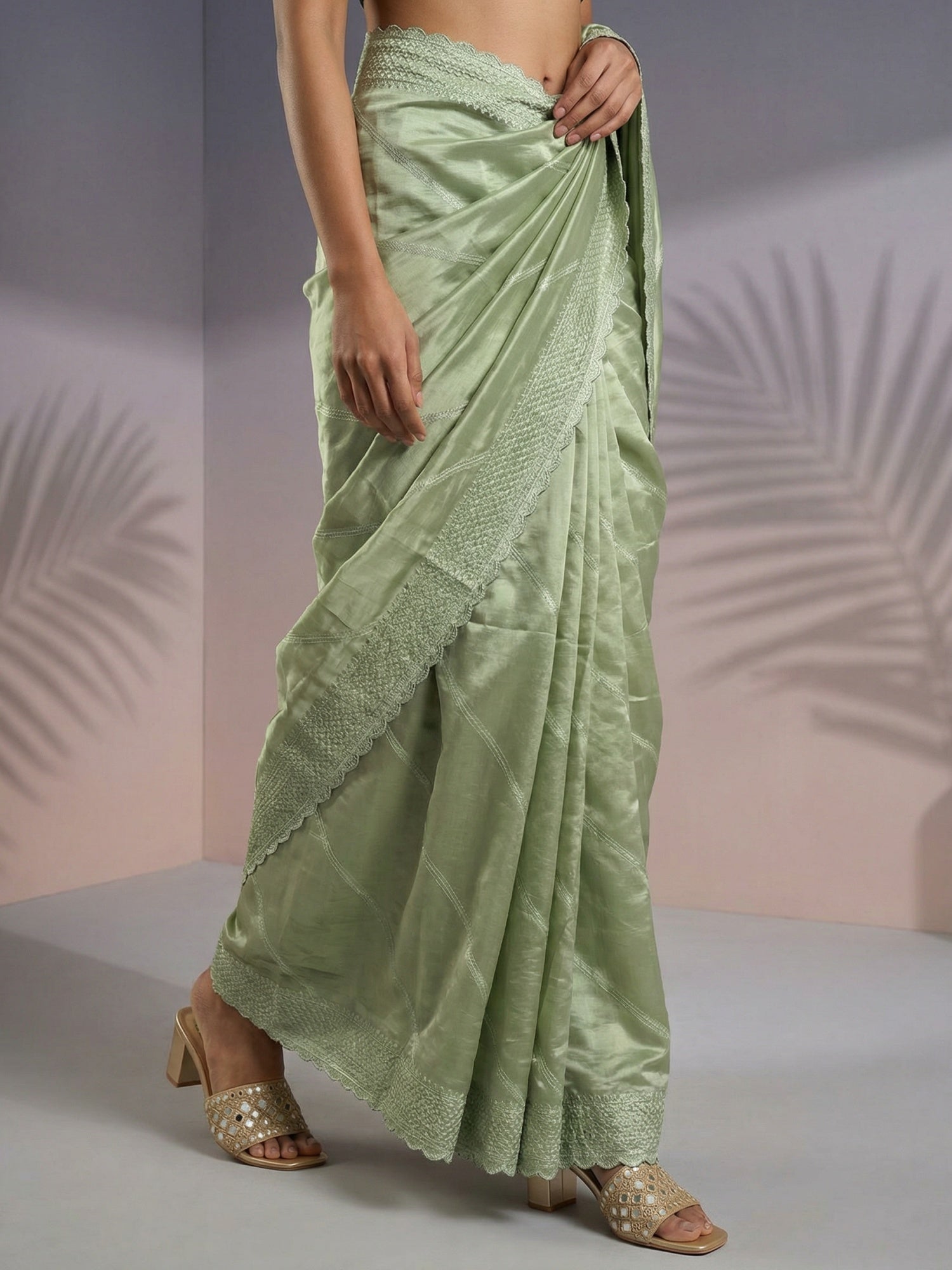 Pista Green Soft Raspberry Silk with Sequin Embroidery Work Saree