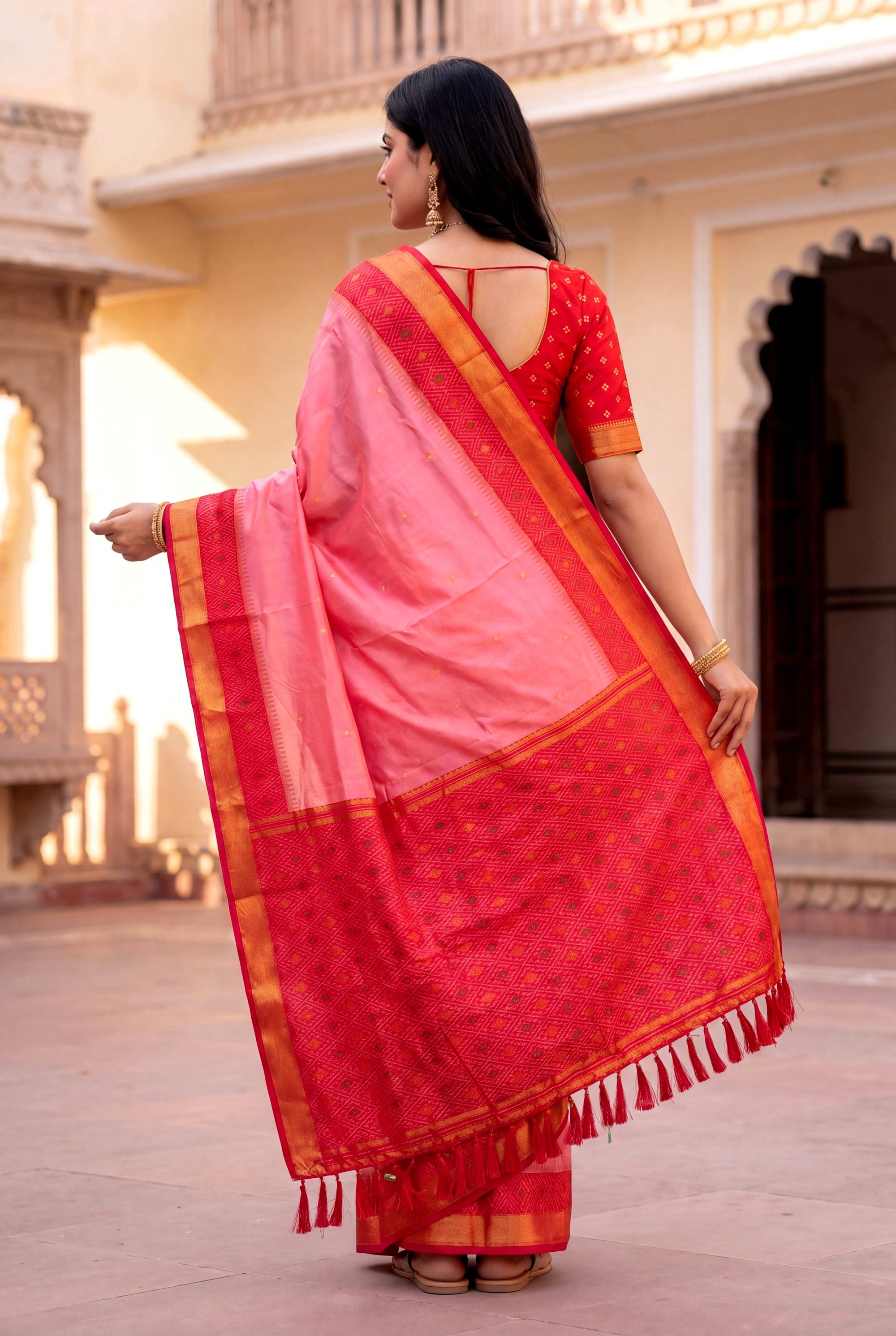 Baby Pink Soft Ikkat Pochampally Patola Silk Zari Woven Saree