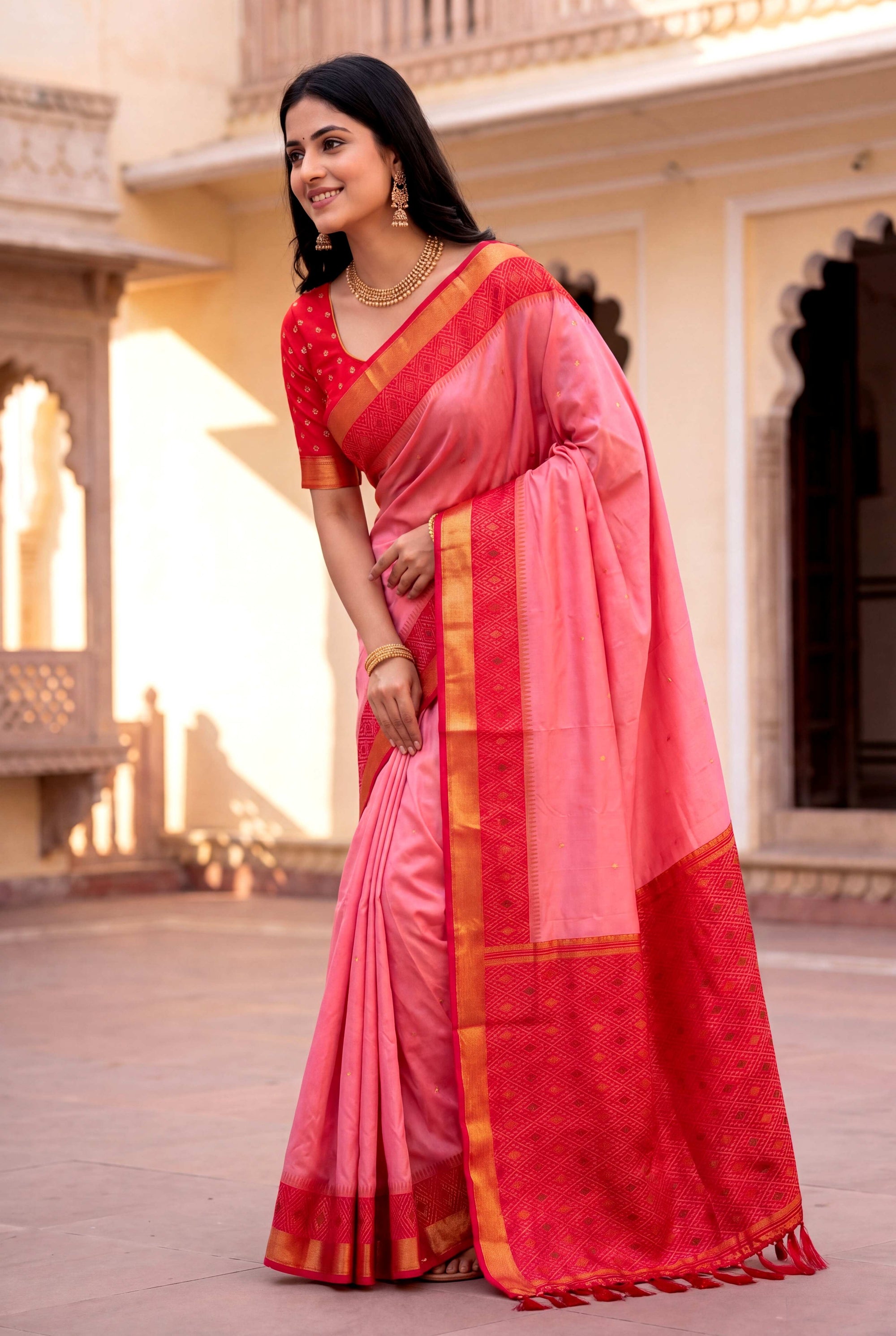 Baby Pink Soft Ikkat Pochampally Patola Silk Zari Woven Saree