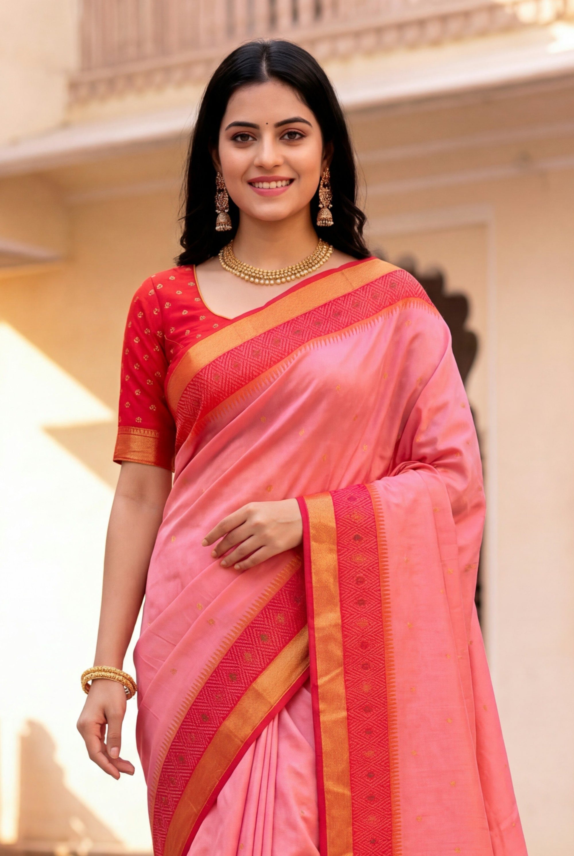 Baby Pink Soft Ikkat Pochampally Patola Silk Zari Woven Saree