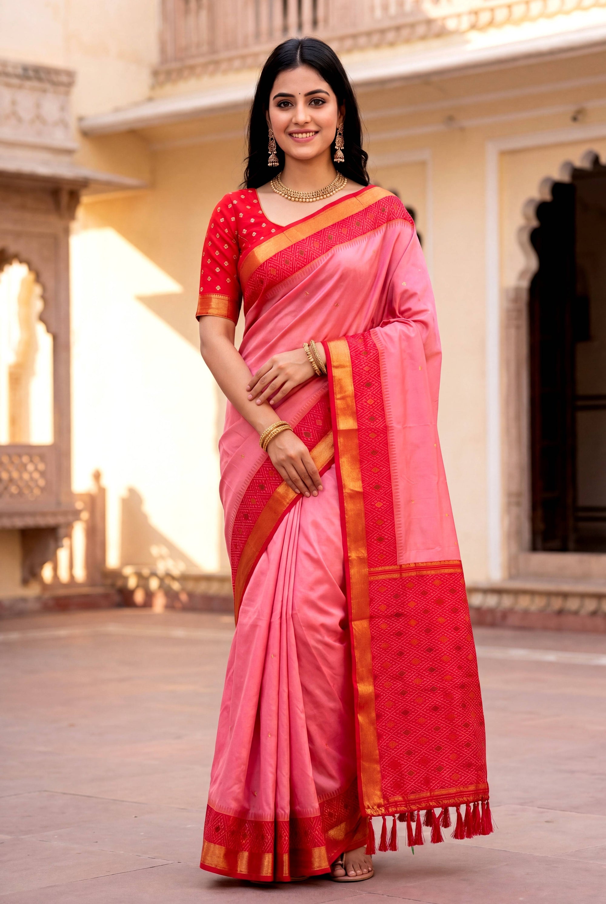 Baby Pink Soft Ikkat Pochampally Patola Silk Zari Woven Saree