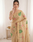 Chikoo Premium Soft Linen Cotton with Lotus & Leafs Pattern Saree
