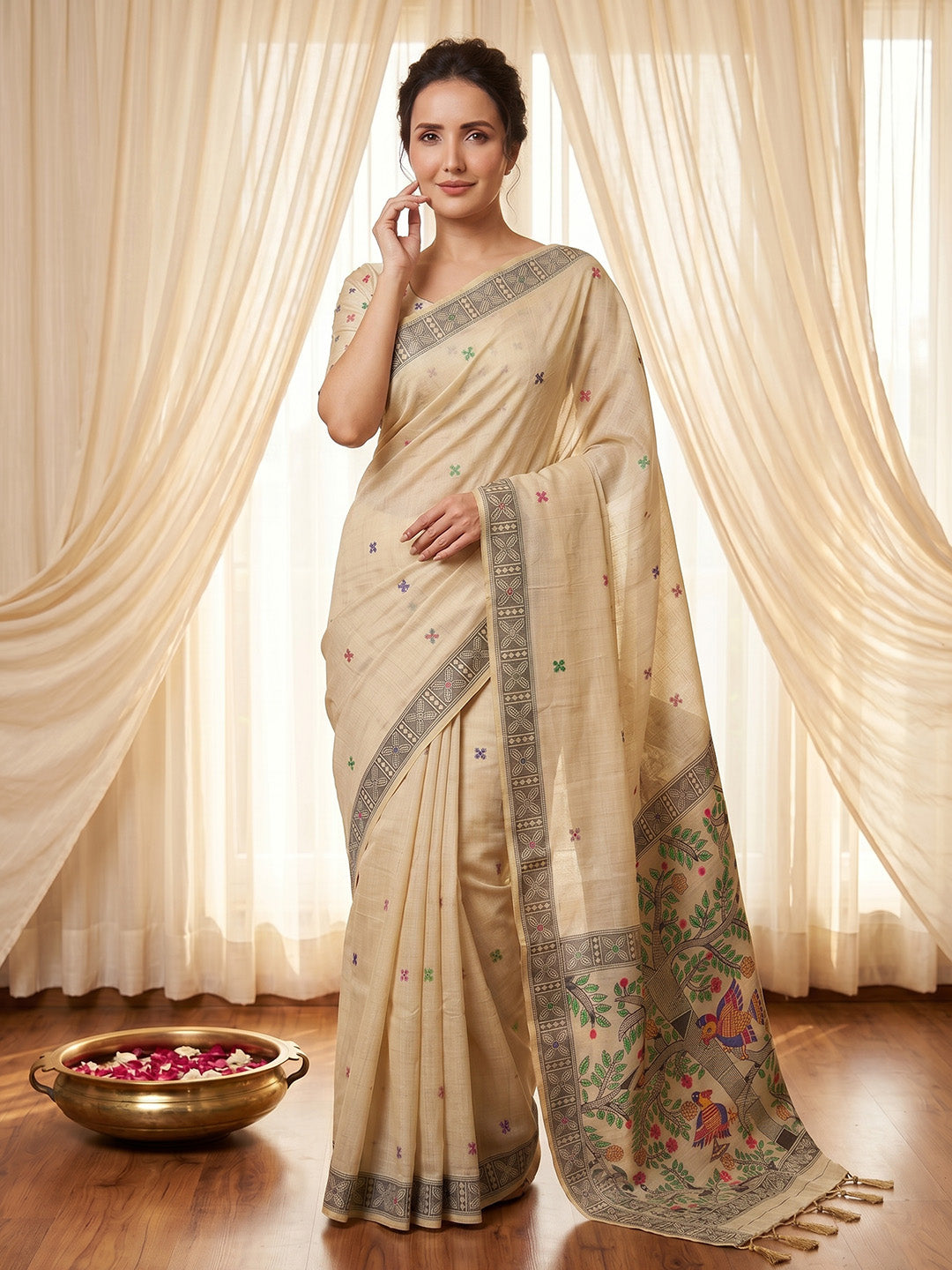 Woman wearing a beige saree with floral patterns in a room with white curtains.