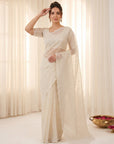 Cream Crush Organza Silk Saree with Embroidery Stripe Pattern