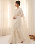 Cream Crush Organza Silk Saree with Embroidery Stripe Pattern