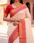 Cream Soft Ikkat Pochampally Patola Silk Zari Woven Saree