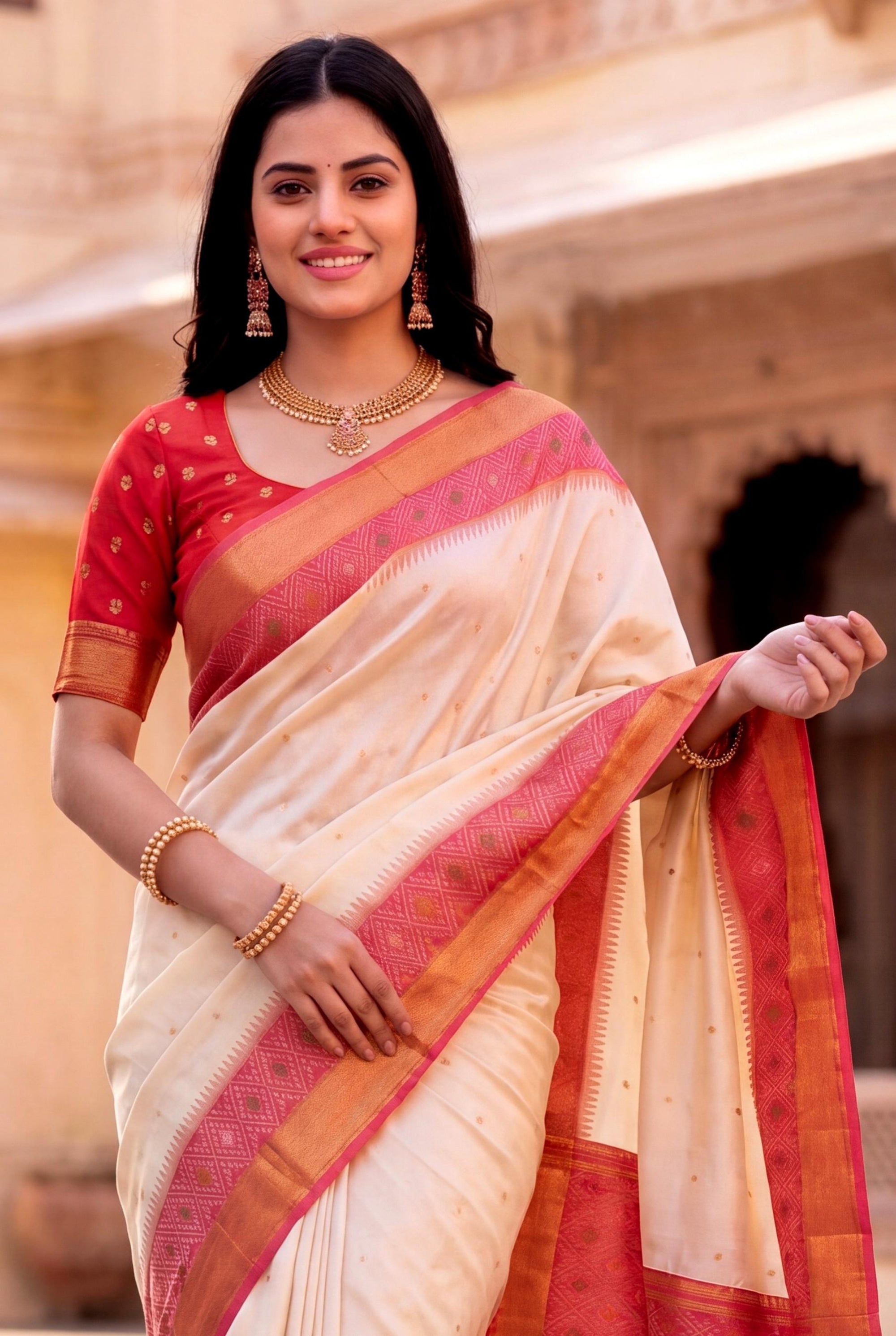 Cream Soft Ikkat Pochampally Patola Silk Zari Woven Saree