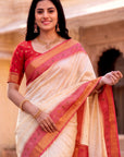 Cream Soft Ikkat Pochampally Patola Silk Zari Woven Saree
