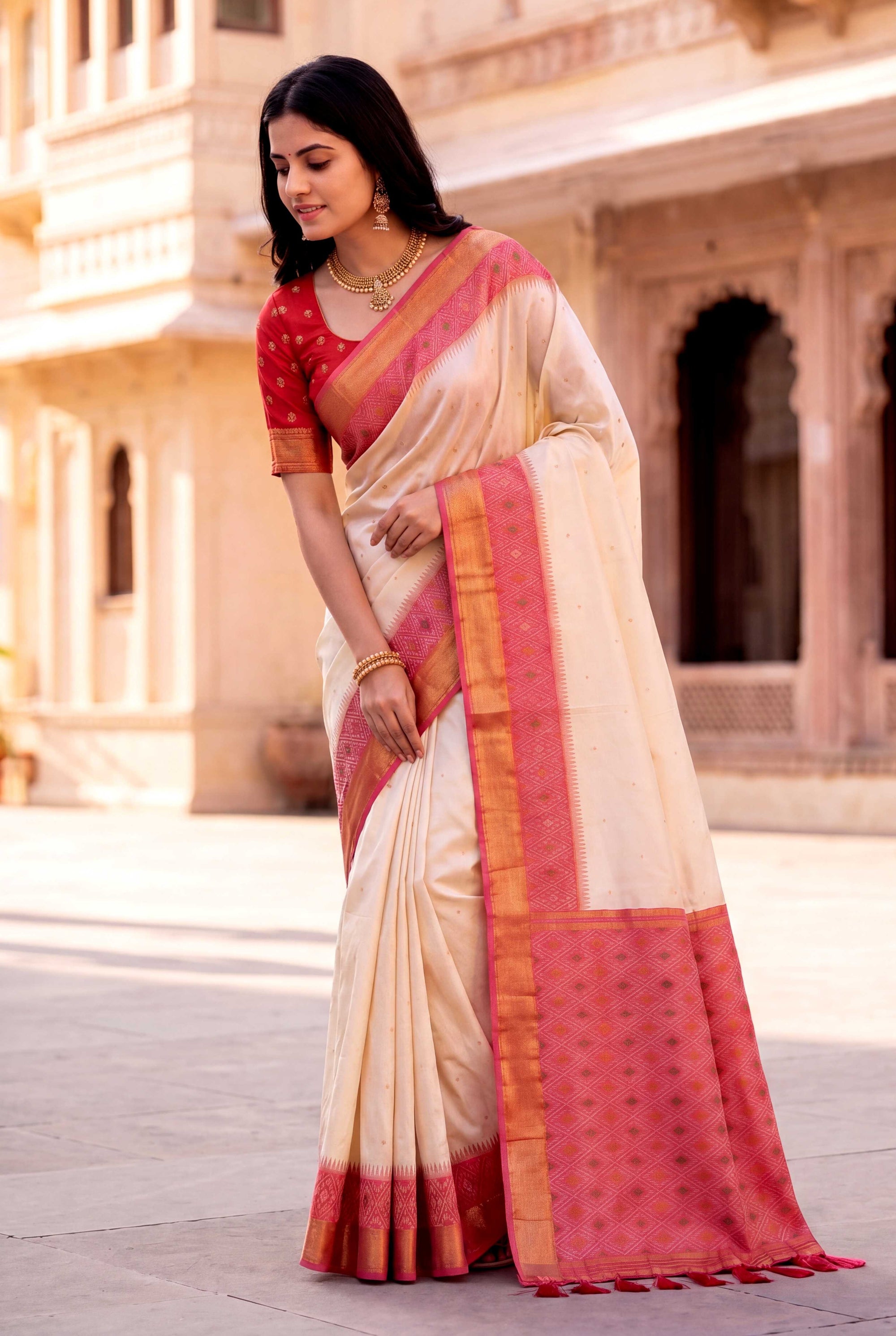 Cream Soft Ikkat Pochampally Patola Silk Zari Woven Saree