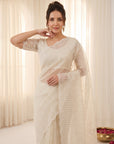 Cream Crush Organza Silk Saree with Embroidery Stripe Pattern