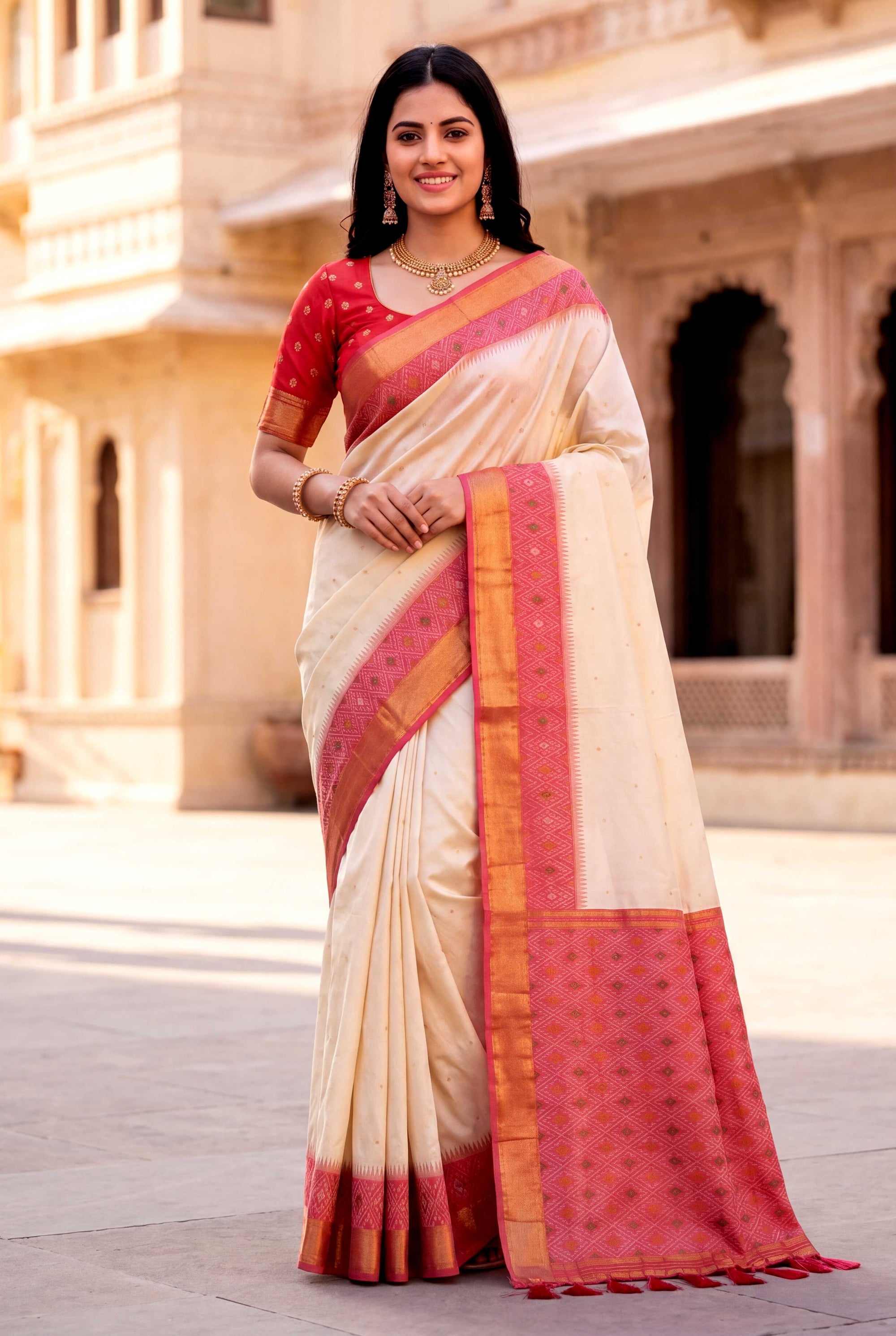 Cream Soft Ikkat Pochampally Patola Silk Zari Woven Saree